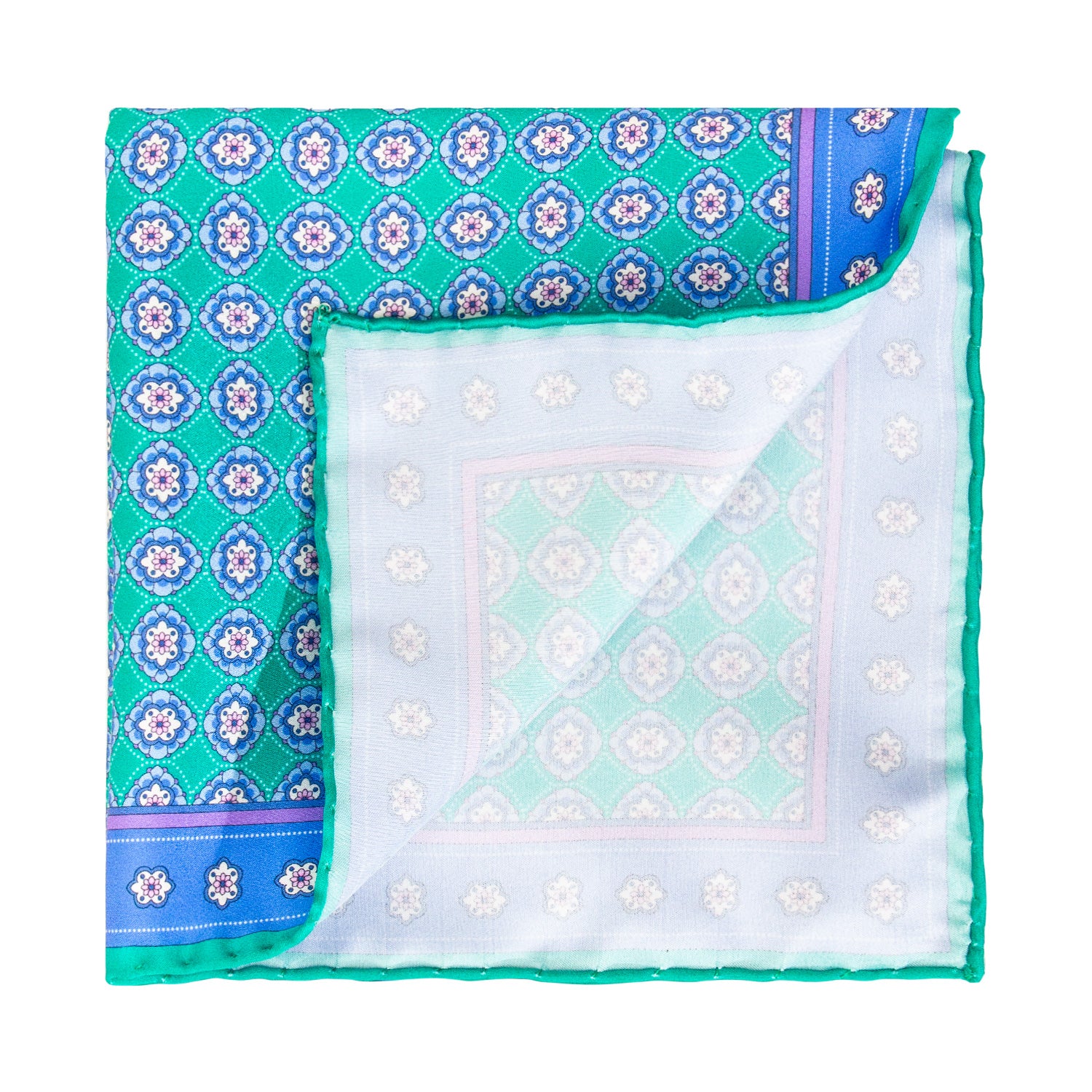 CORBATA EN SET CON PAÑUELO DE SEDA CON DIBUJOS GEOMÉTRICOS EN AZUL AGUA Y VERDE