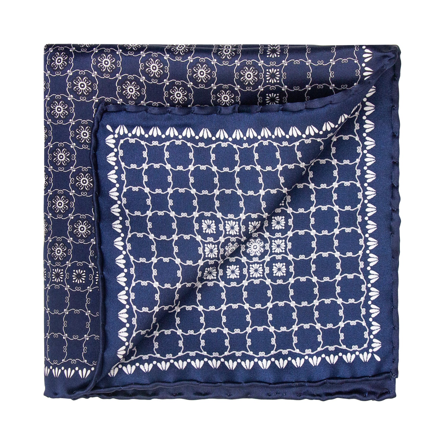 CORBATA EN SET CON PAÑUELO DE SEDA CON DIBUJOS GEOMÉTRICOS EN GRIS Y AZUL MARINO