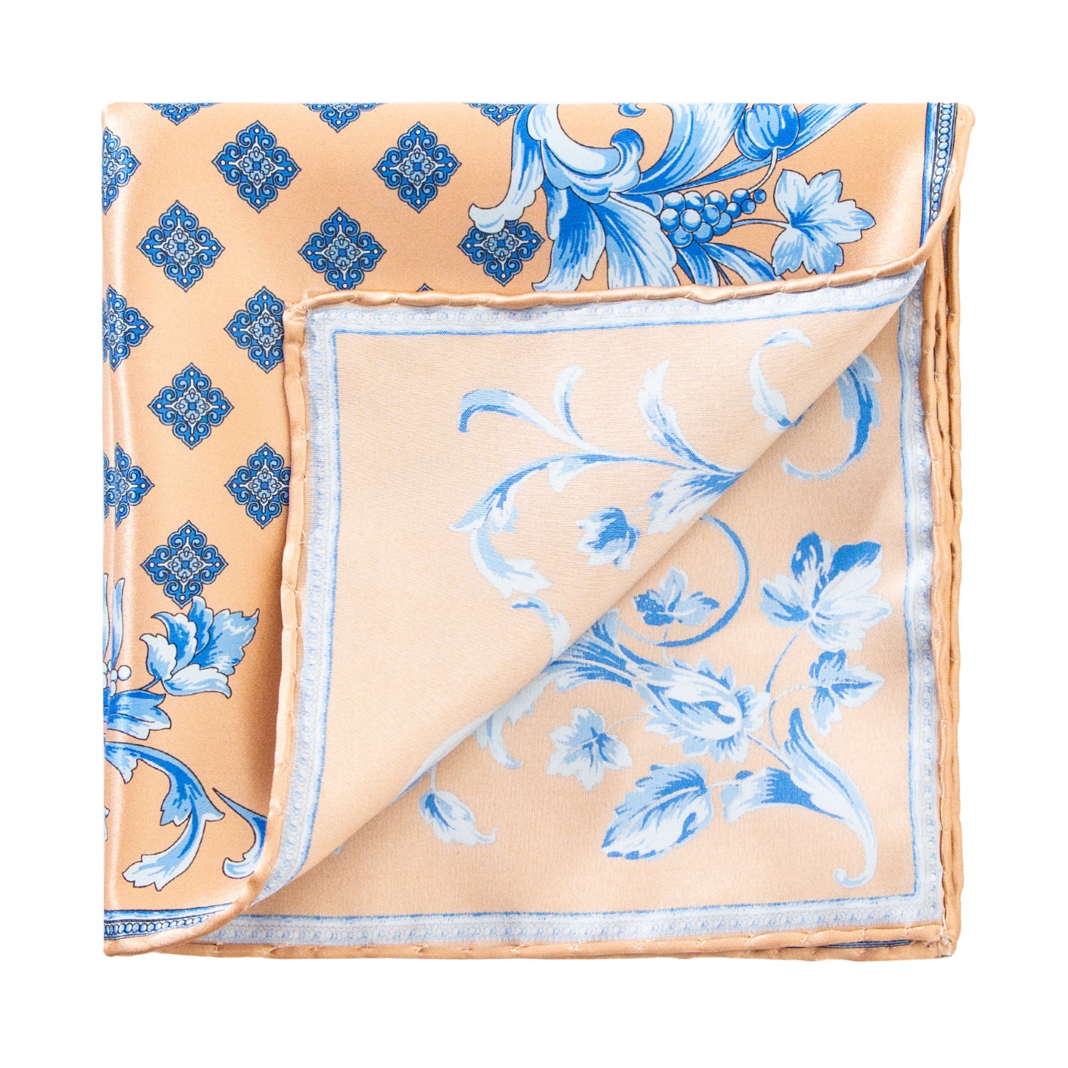 CORBATA EN SET CON PAÑUELO DE SEDA BEIGE CON CUADROS AZUL