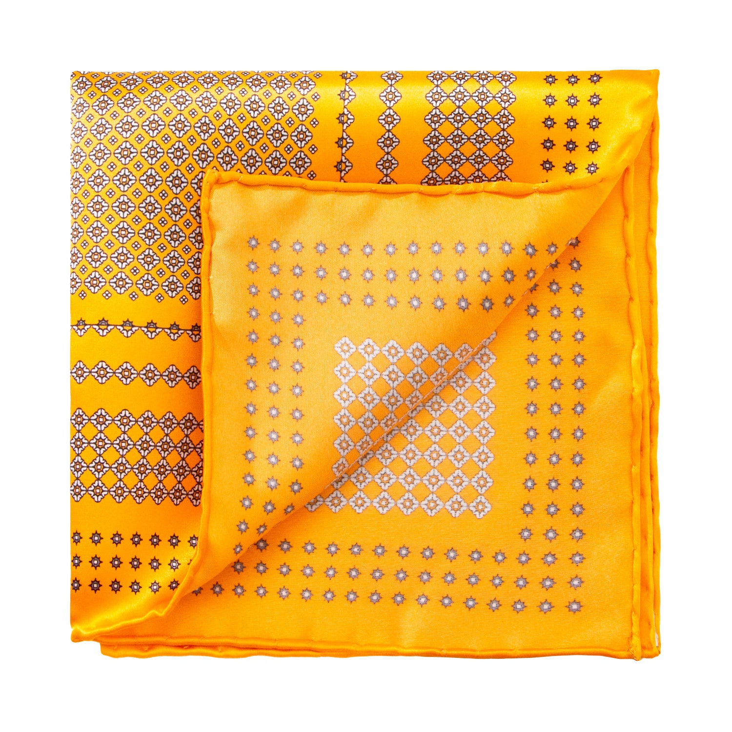 CORBATA EN SET CON PAÑUELO DE SEDA NARANJA CON DISEÑO DE MICROCUADROS GRIS