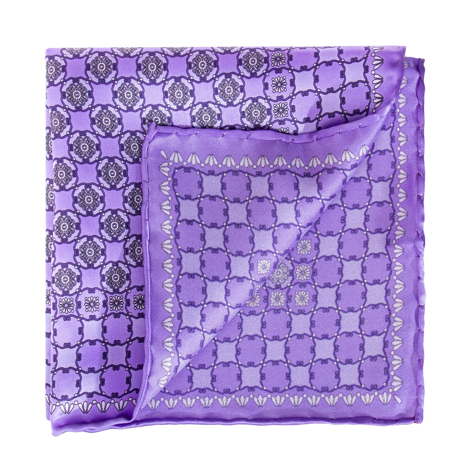 CORBATA EN SET CON PAÑUELO DE SEDA MORADO CON DISEÑOS DE CÍRCULOS MORADO CLARO