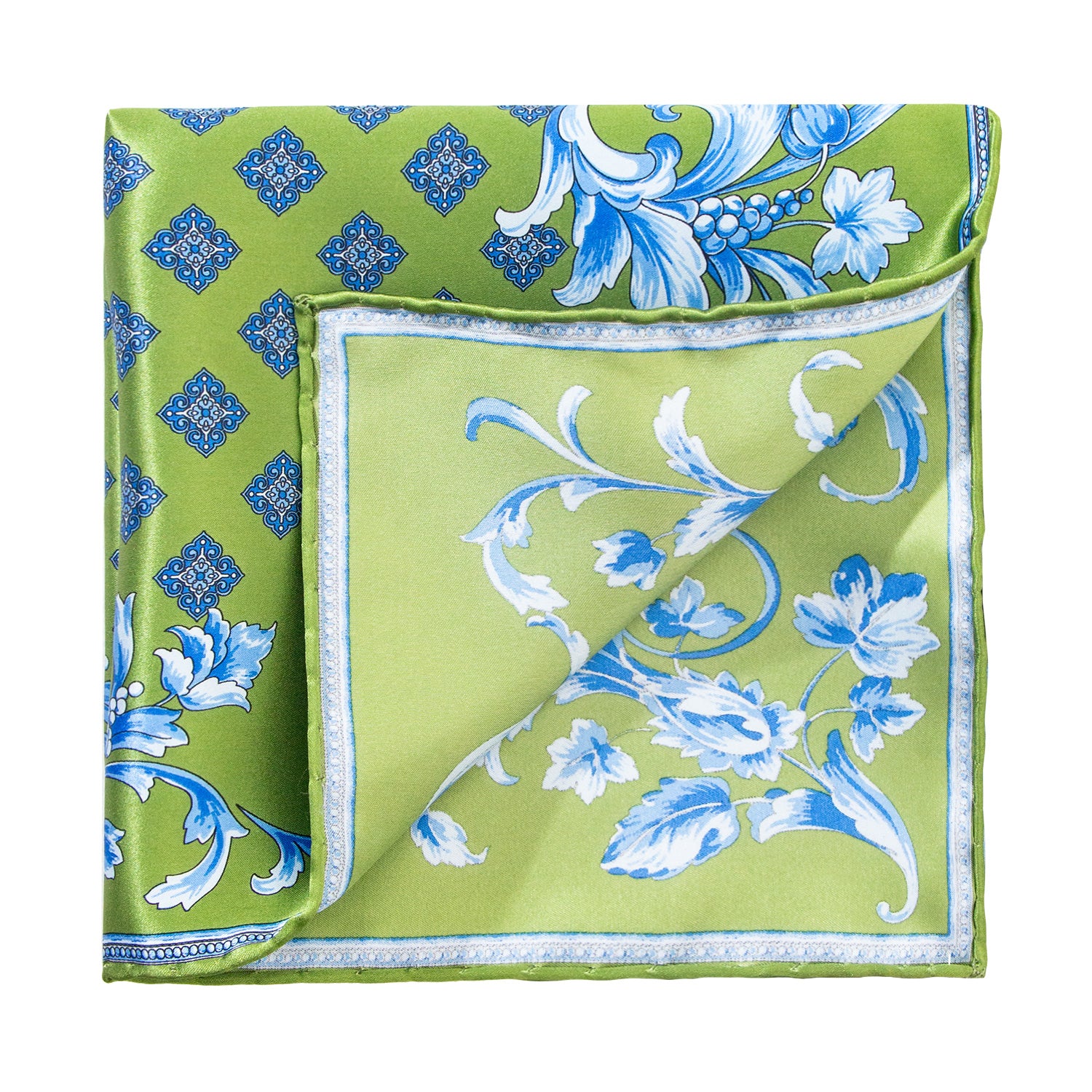 CORBATA EN SET CON PAÑUELO DE SEDA VERDE CON CUADROS AZUL CIELO