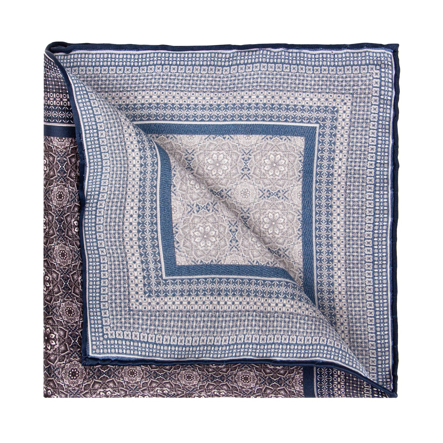 CORBATA EN SET CON PAÑUELO SOLITO FONDO GRIS OXFORD CON FLORES BLANCAS CON CAJA 100% SEDA