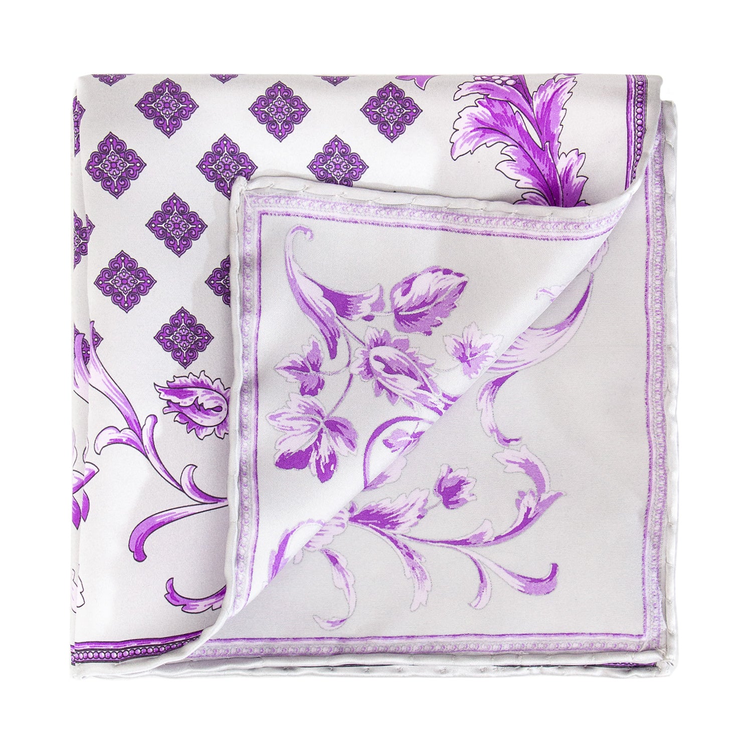 CORBATA EN SET CON PAÑUELO DE SEDA GRIS CLARO CON CUADROS MORADOS