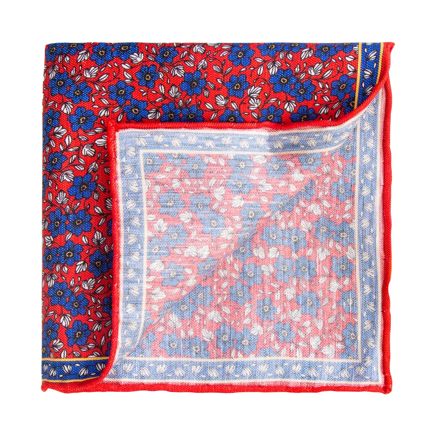 CORBATA EN SET CON PAÑUELO DE SEDA CON CUADROS AZULES Y PUNTOS ORO EN ROJO