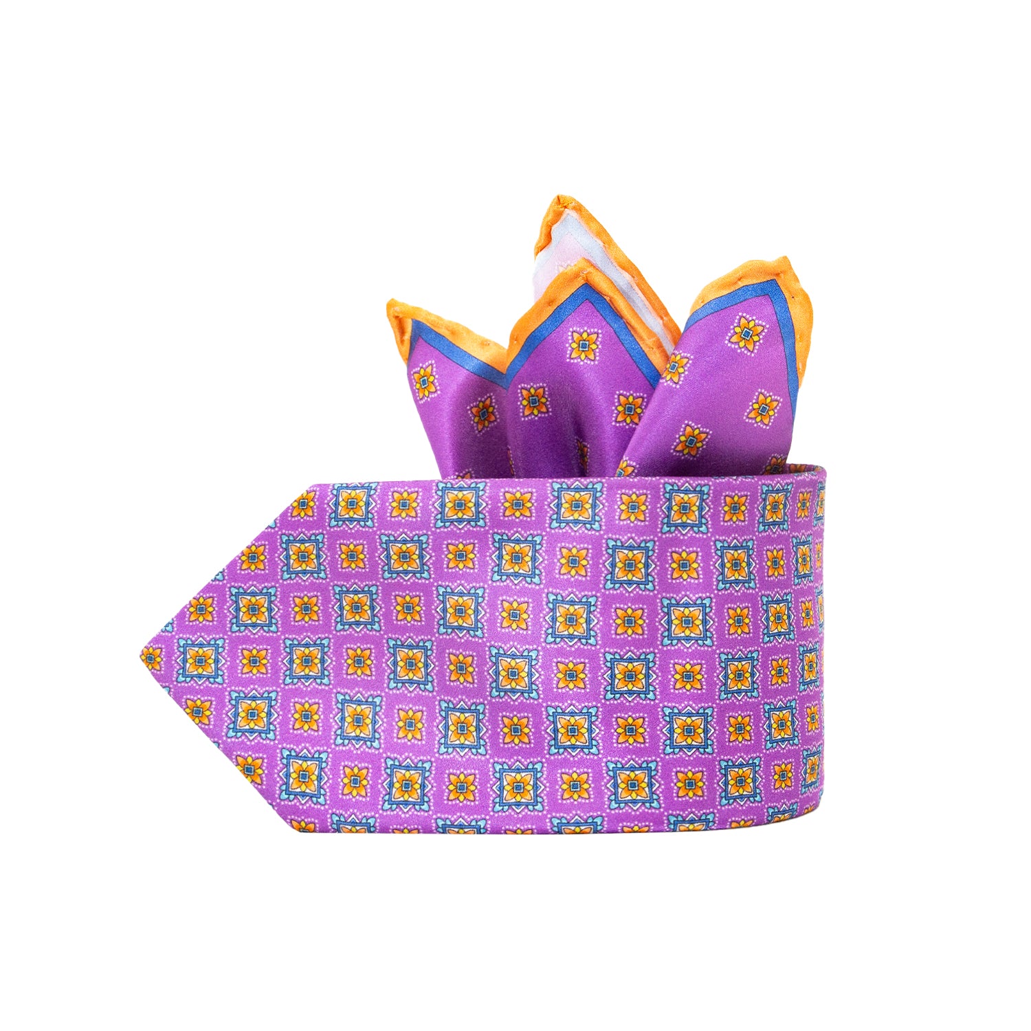 CORBATA EN SET CON PAÑUELO DE SEDA CON DISEÑOS DE CUADROS Y ESTRELLAS NARANJA Y ROSA