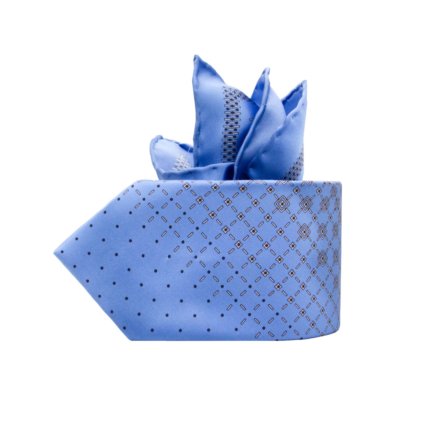 CORBATA EN SET CON PAÑUELO DE SEDA CON DIBUJOS GEOMÉTRICOS DE GRIS Y AZUL