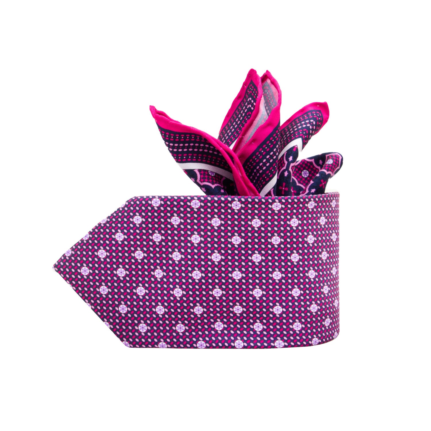 CORBATA EN SET CON PAÑUELO DE SEDA CON PUNTOS EN COLOR MORADO