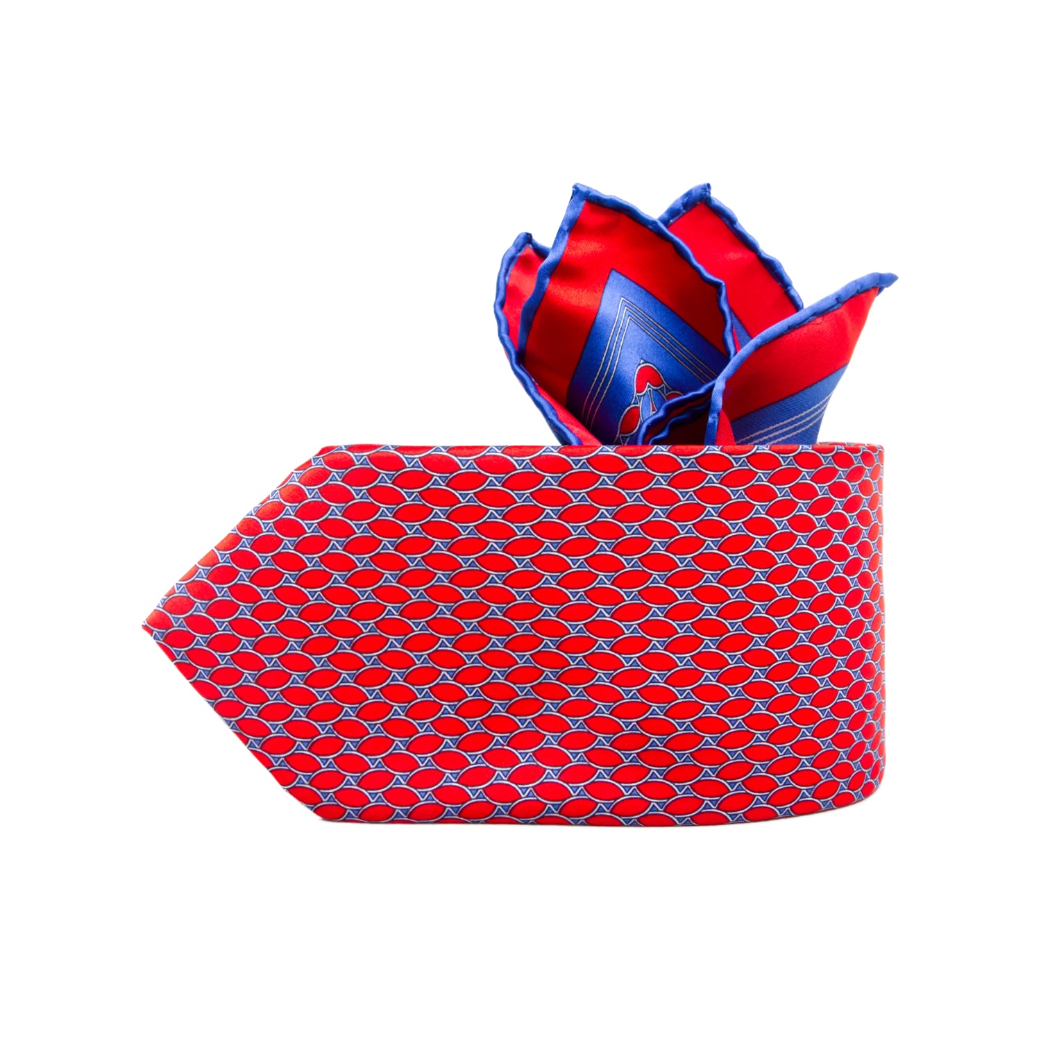 CAJA DE SEDA SET CORBATA CON PAÑUELO DE SEDA CON OVALES EN AZUL Y ROJO