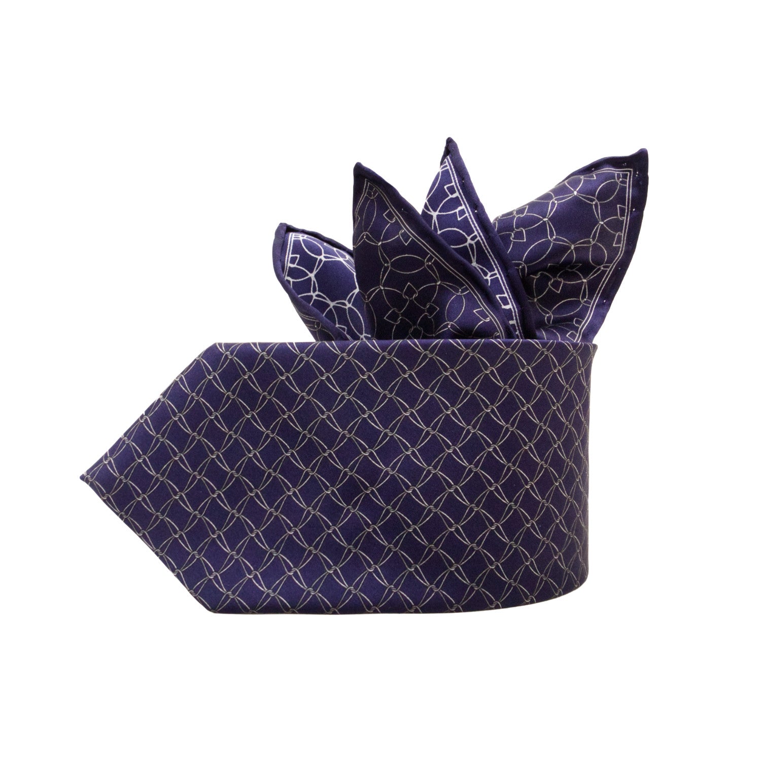CORBATA EN SET CON PAÑUELO DE SEDA CON DIBUJO DE RED EN GRIS EN AZUL MARINO