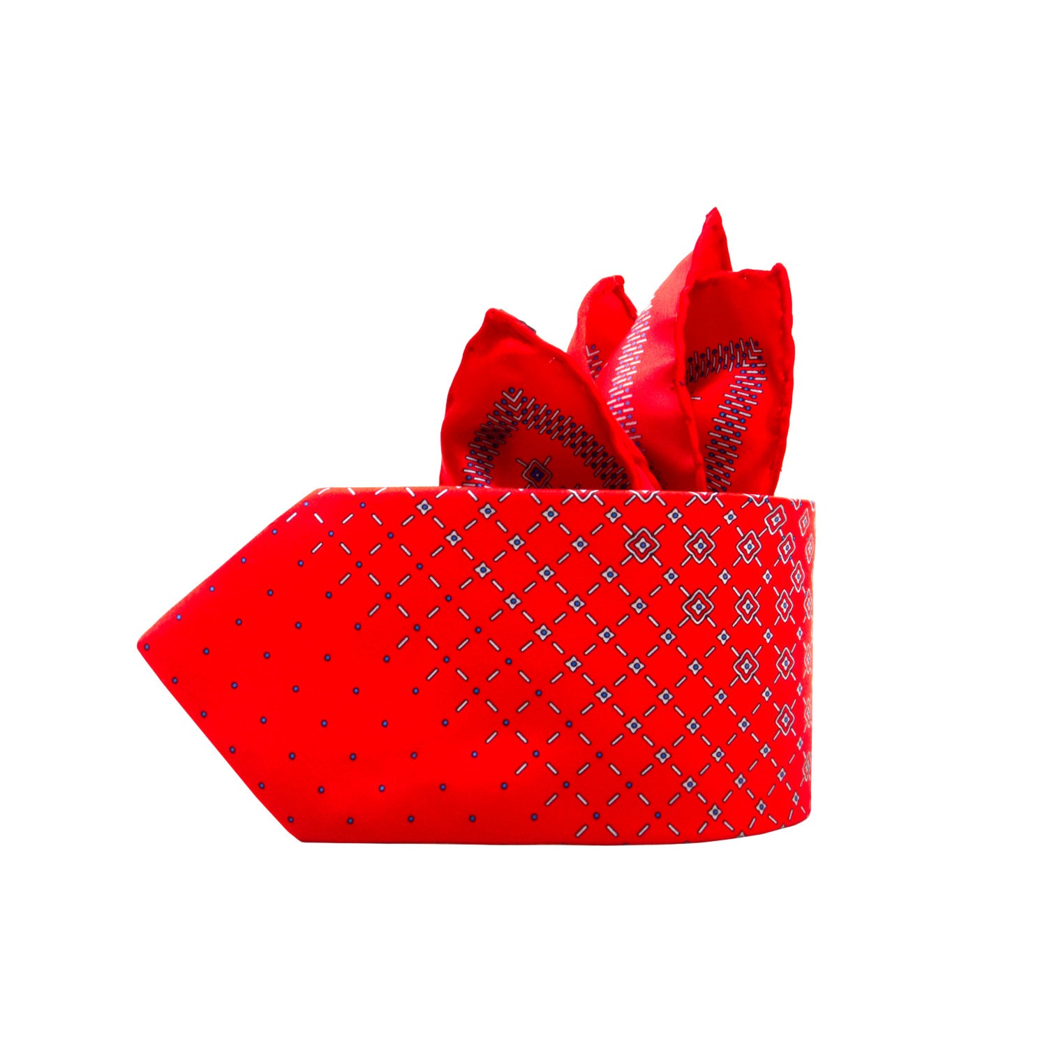 CORBATA EN SET CON PAÑUELO DE SEDA CON DIBUJOS GEOMÉTRICOS DE GRIS Y ROJO