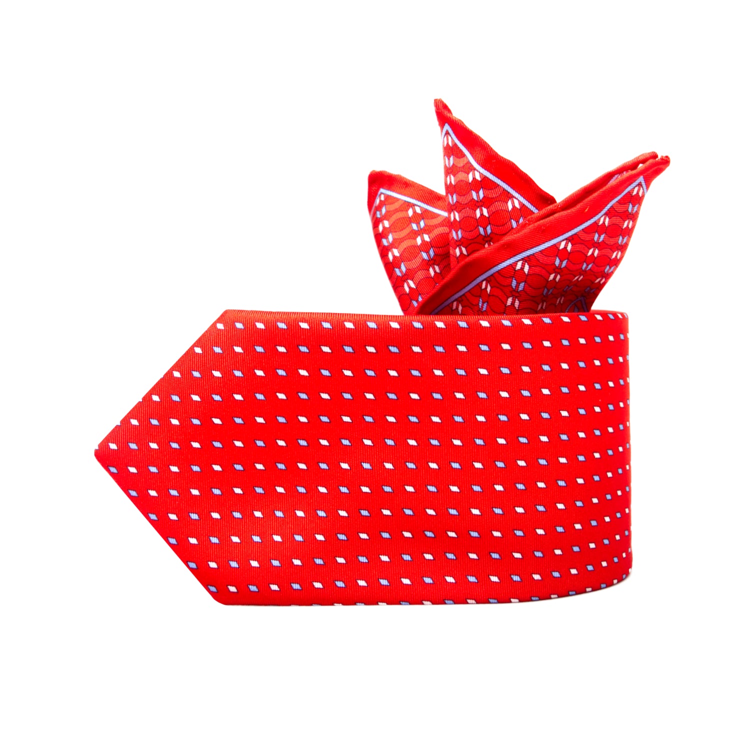 CAJA DE SEDA SET CORBATA CON PAÑUELO DE SEDA CON PUNTOS BLANCOS Y AZUL CLARO EN ROJO