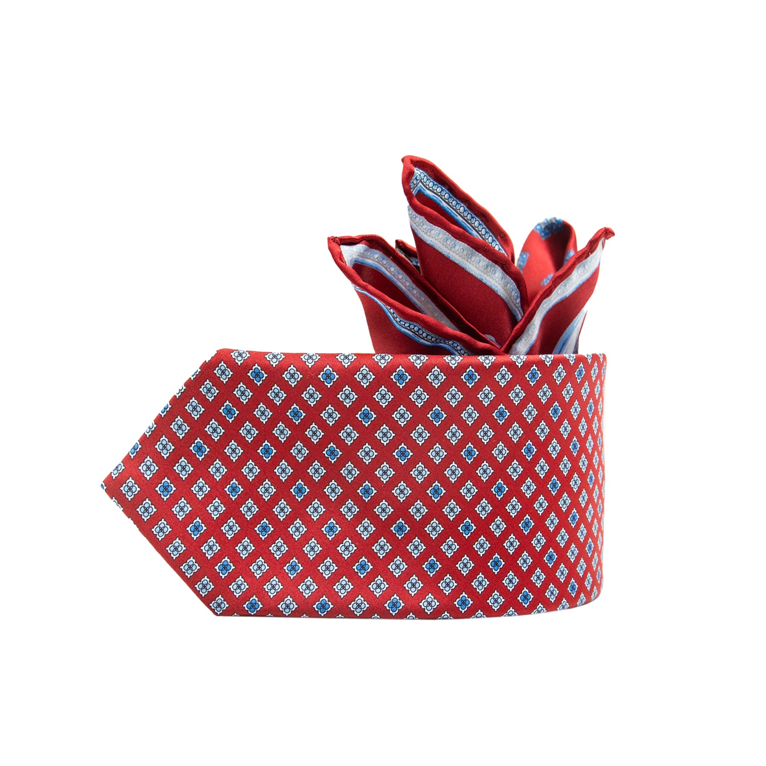 CORBATA EN SET CON PAÑUELO BORDEAUX CON CUADROS AZUL CIELO