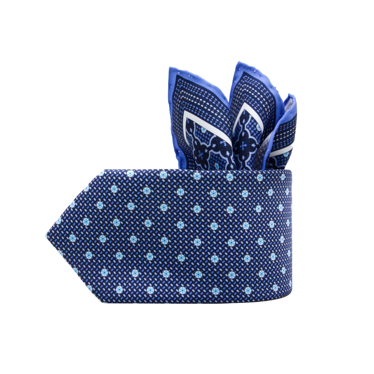 CORBATA EN SET CON PAÑUELO DE SEDA CON PUNTOS EN COLOR AZUL