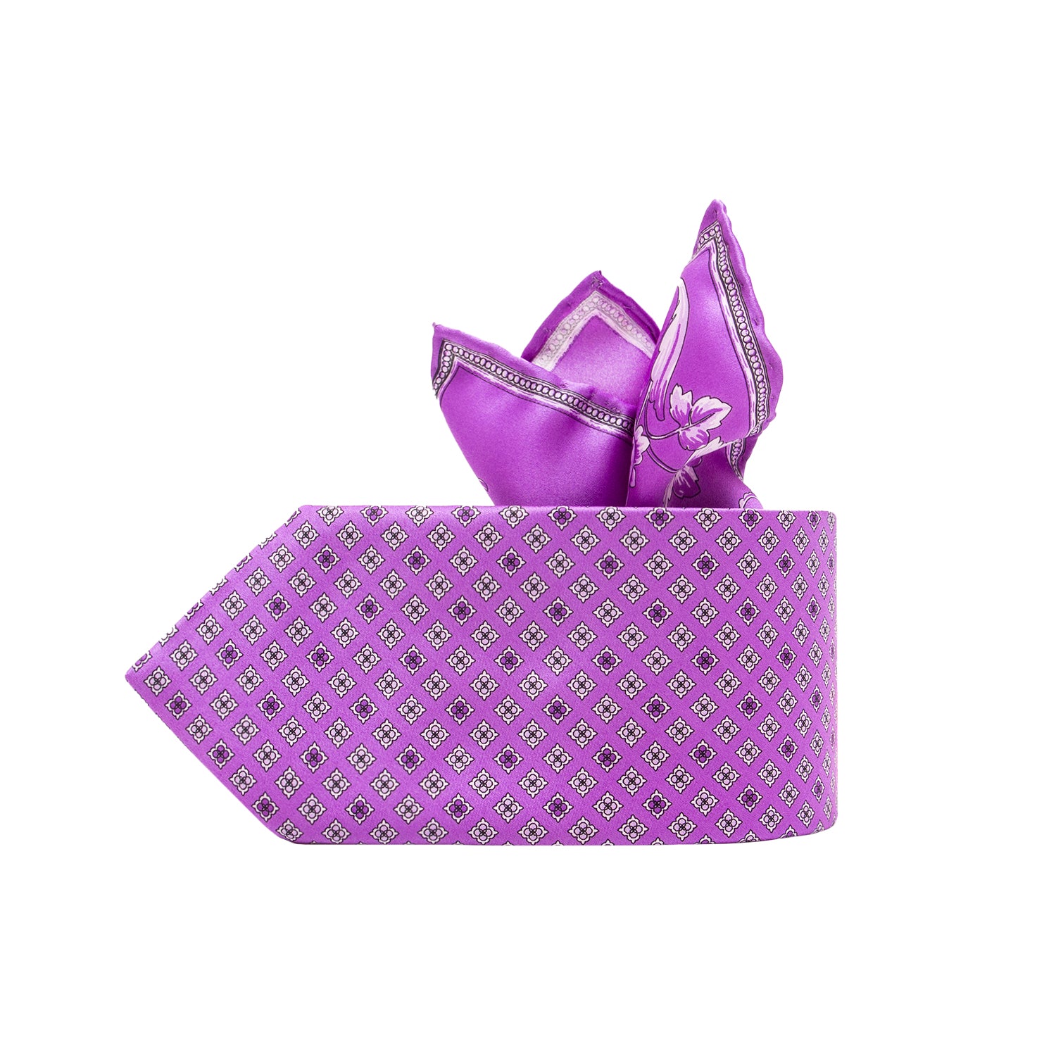 CORBATA EN SET CON PAÑUELO DE SEDA LILA CON CUADROS MORADOS