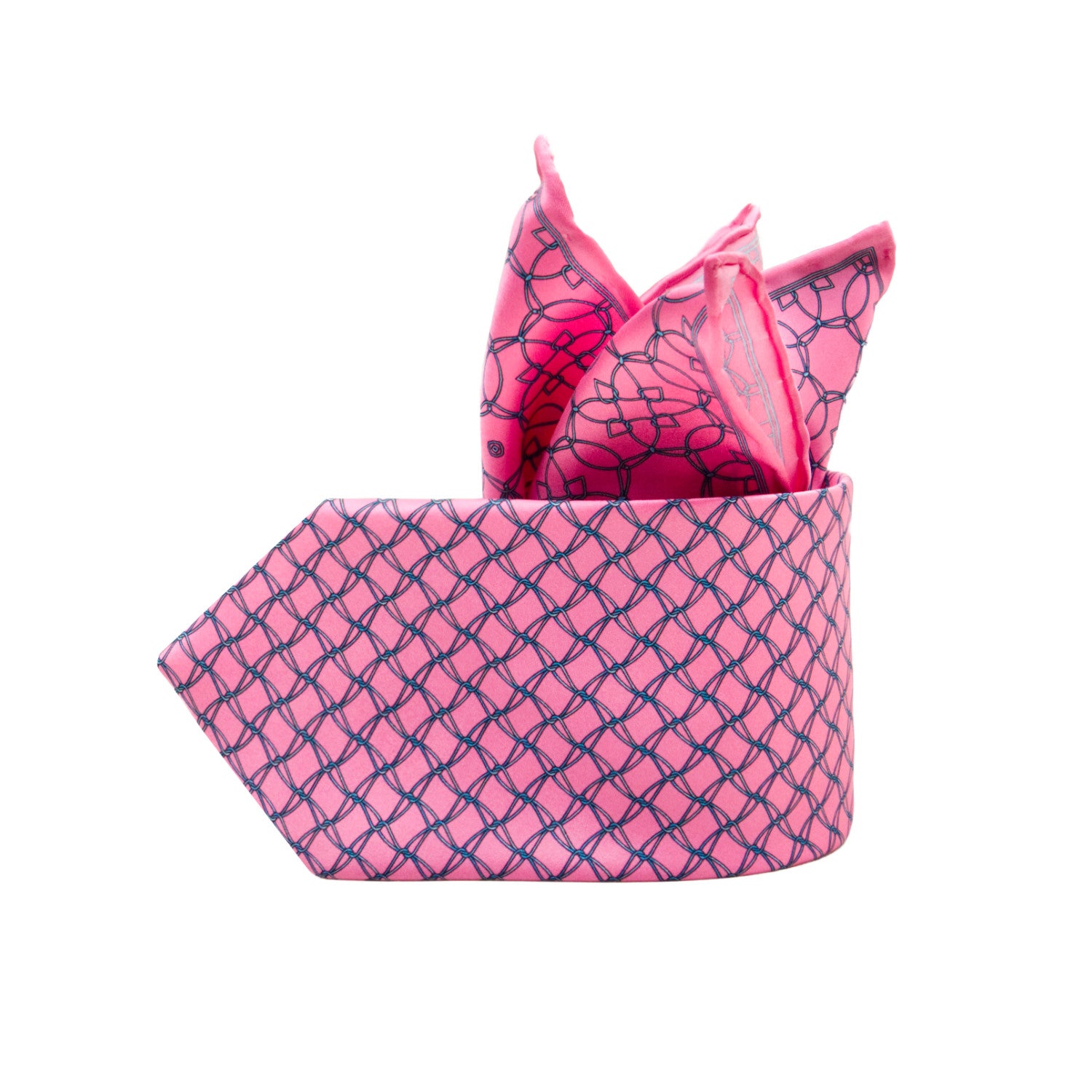 CORBATA EN SET CON PAÑUELO DE SEDA CON DIBUJO DE RED ROSA EN TURQUESA