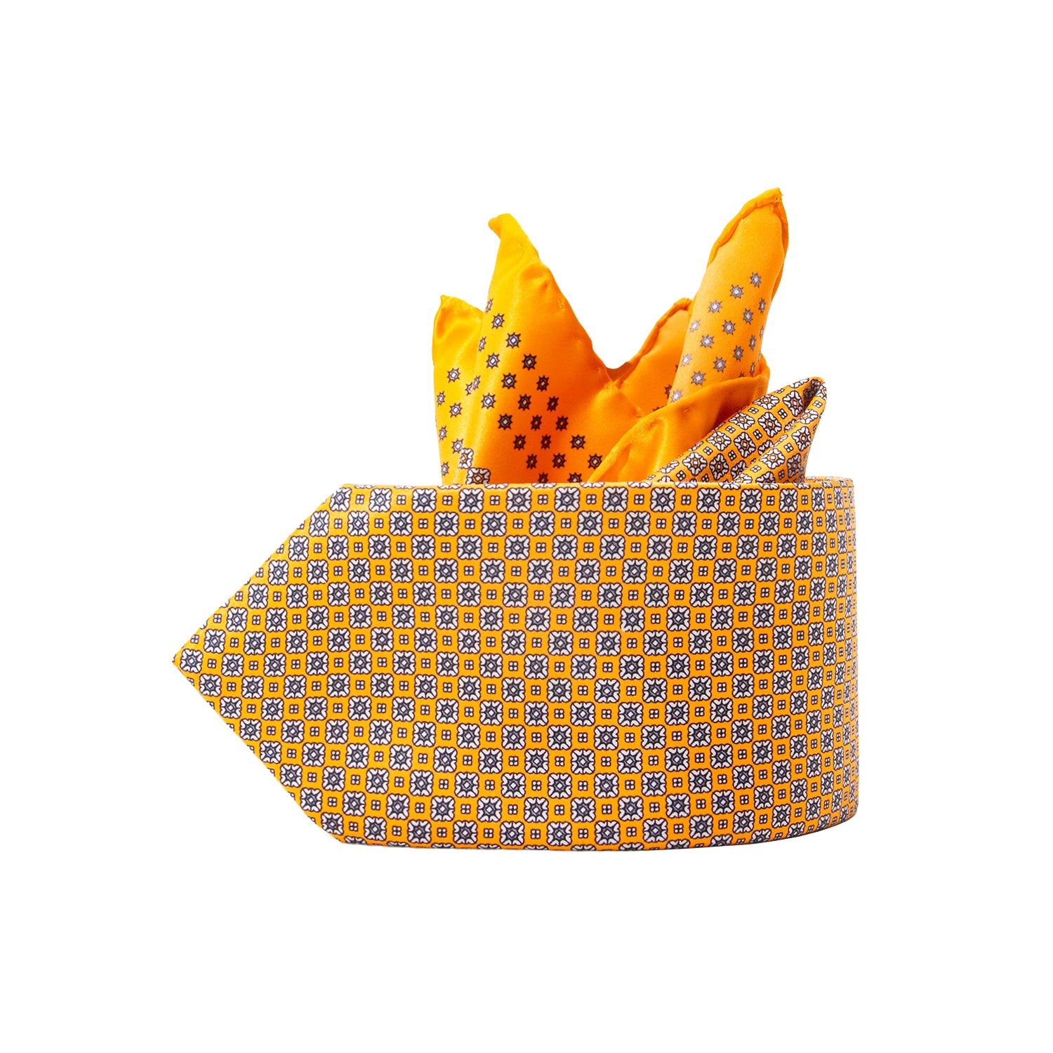 CORBATA EN SET CON PAÑUELO DE SEDA NARANJA CON DISEÑO DE MICROCUADROS GRIS