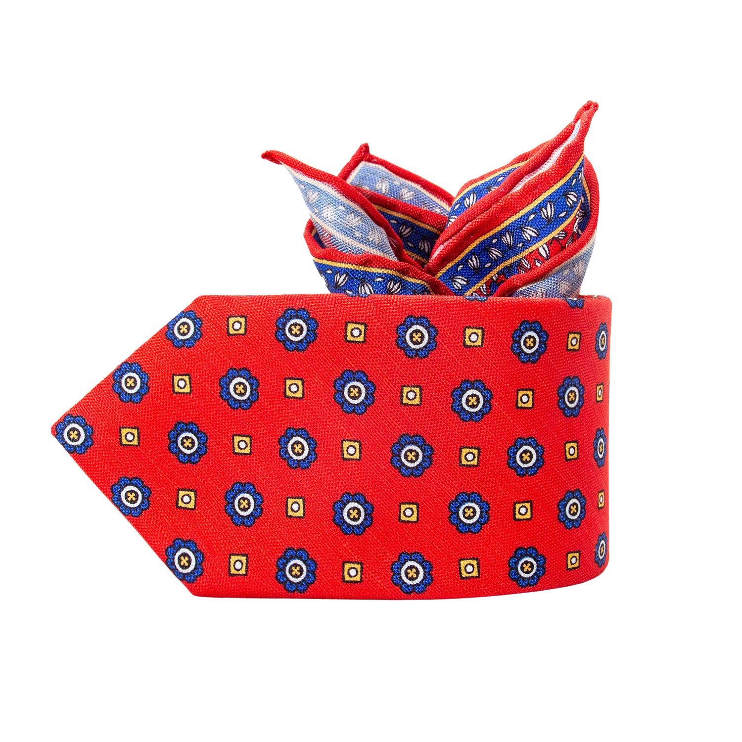 CORBATA EN SET CON PAÑUELO DE SEDA CON CUADROS AZULES Y PUNTOS ORO EN ROJO