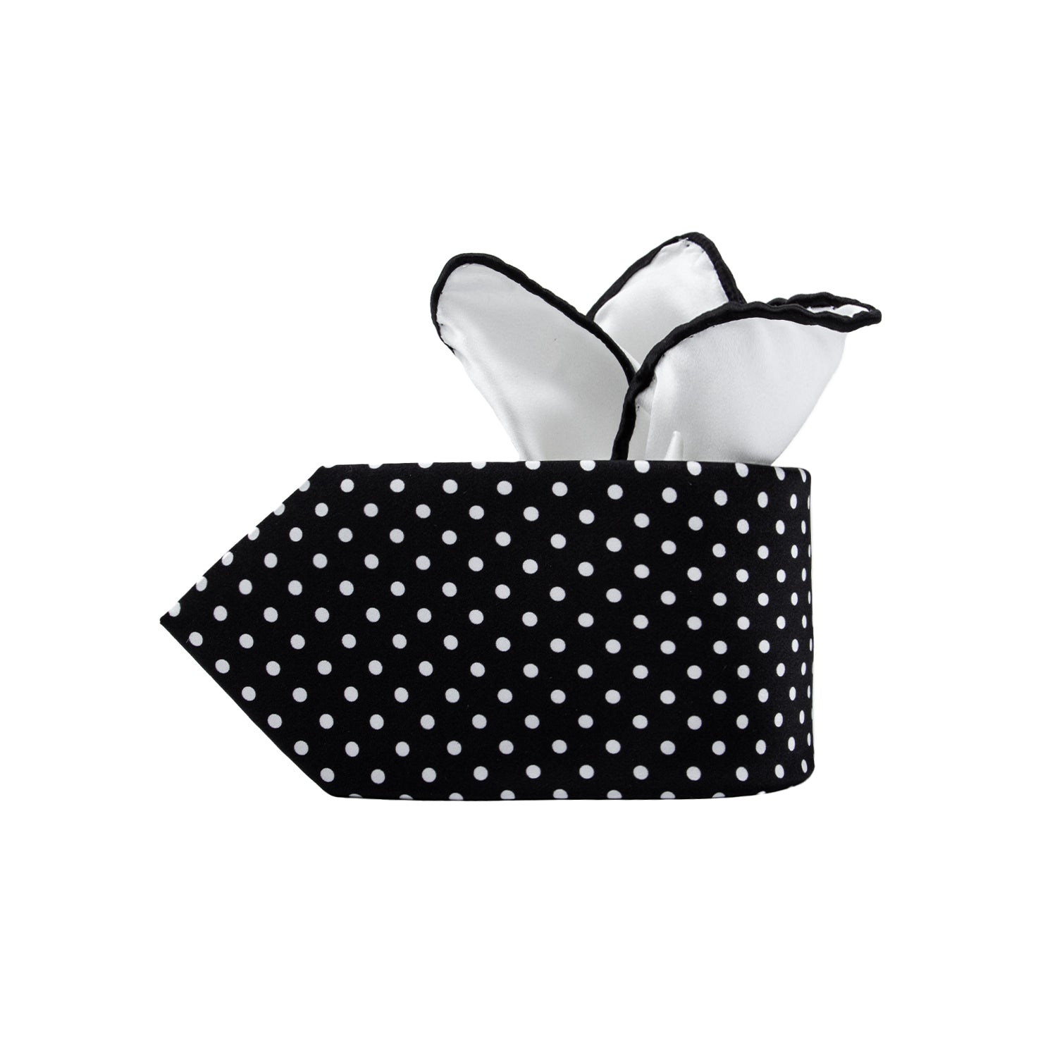 CORBATA EN SET CON PAÑUELO SOLITO 7 PLIEGUES CON CAJA FONDO NEGRO Y LUNARES POLKA DOT BLANCO 100% SEDA