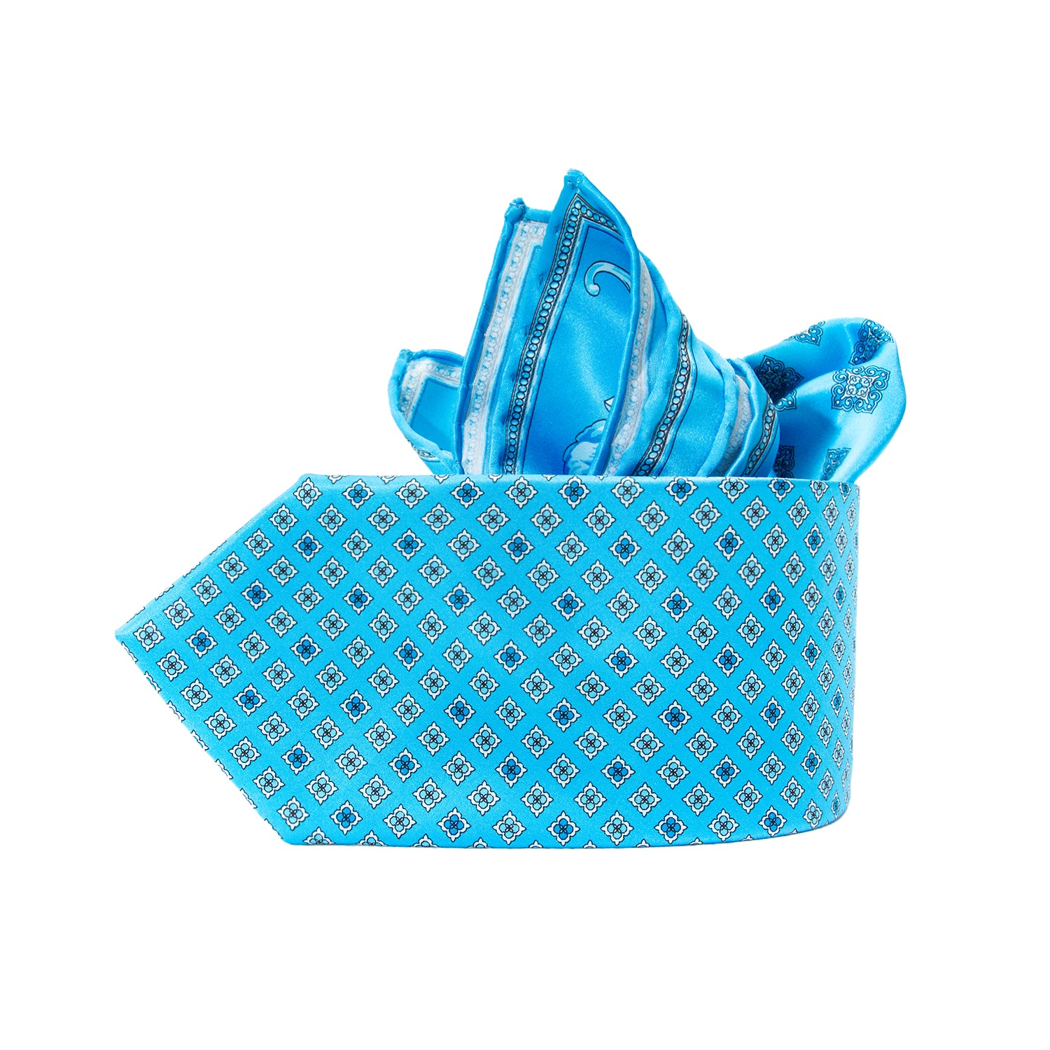 CORBATA EN SET CON PAÑUELO DE SEDA AZUL CLARO CON CUADROS TURQUESA