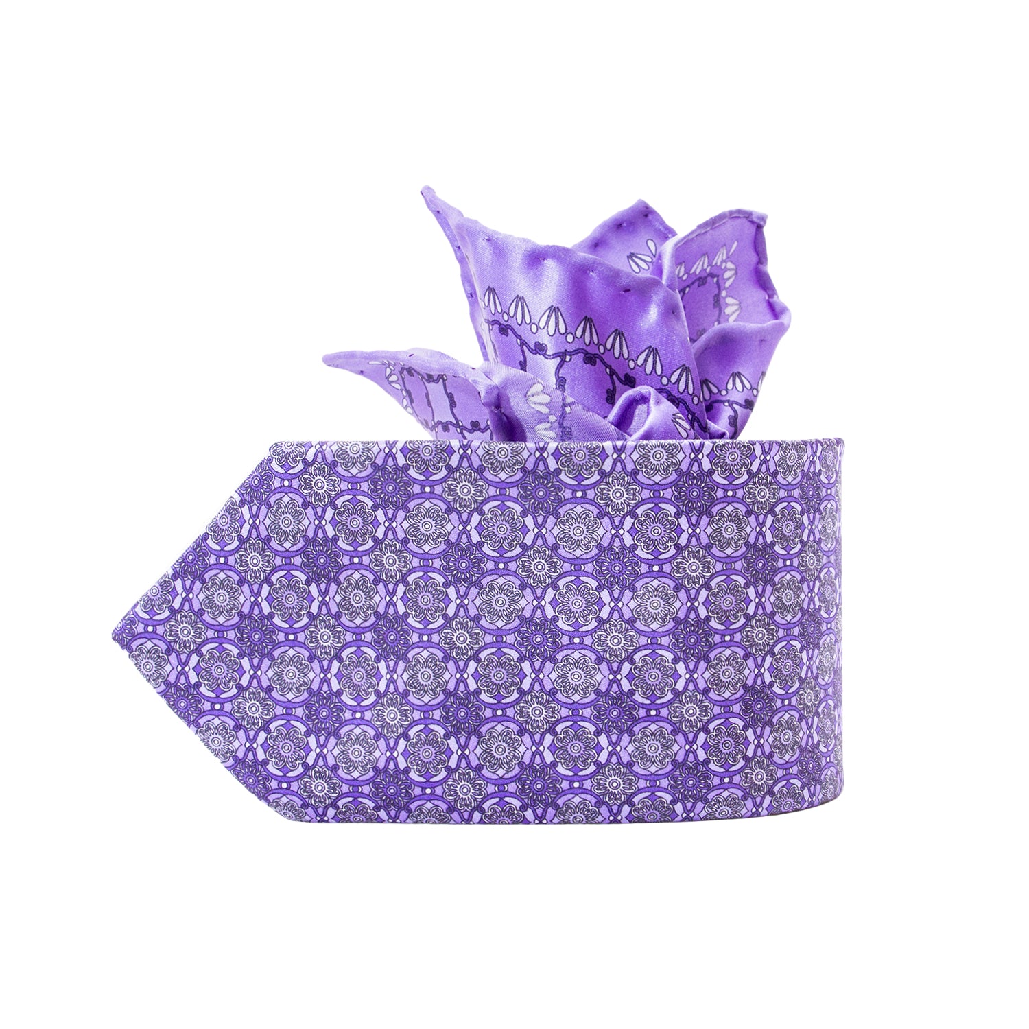 CORBATA EN SET CON PAÑUELO DE SEDA MORADO CON DISEÑOS DE CÍRCULOS MORADO CLARO