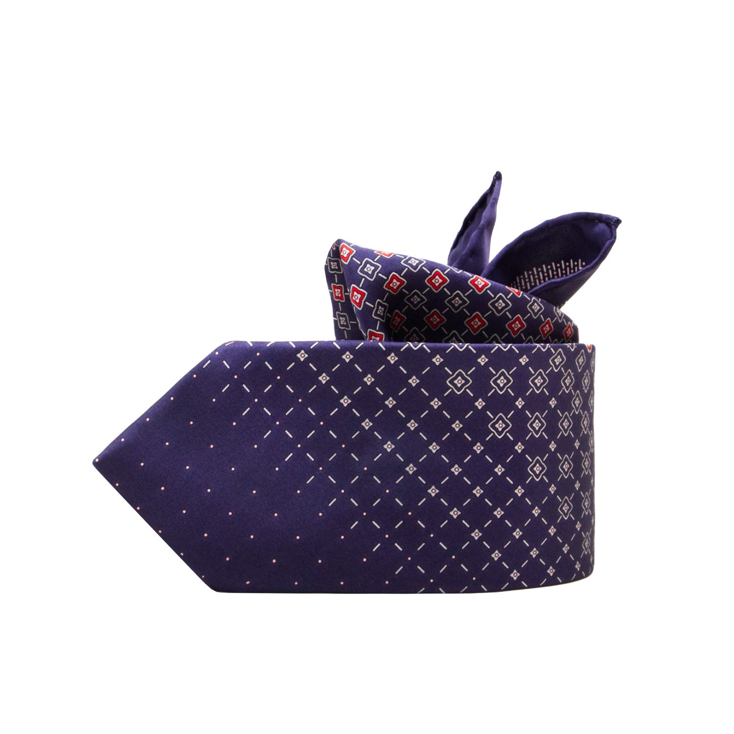 CORBATA EN SET CON PAÑUELO DE SEDA CON DIBUJOS GEOMÉTRICOS DE GRIS Y AZUL MEDIANOCHE