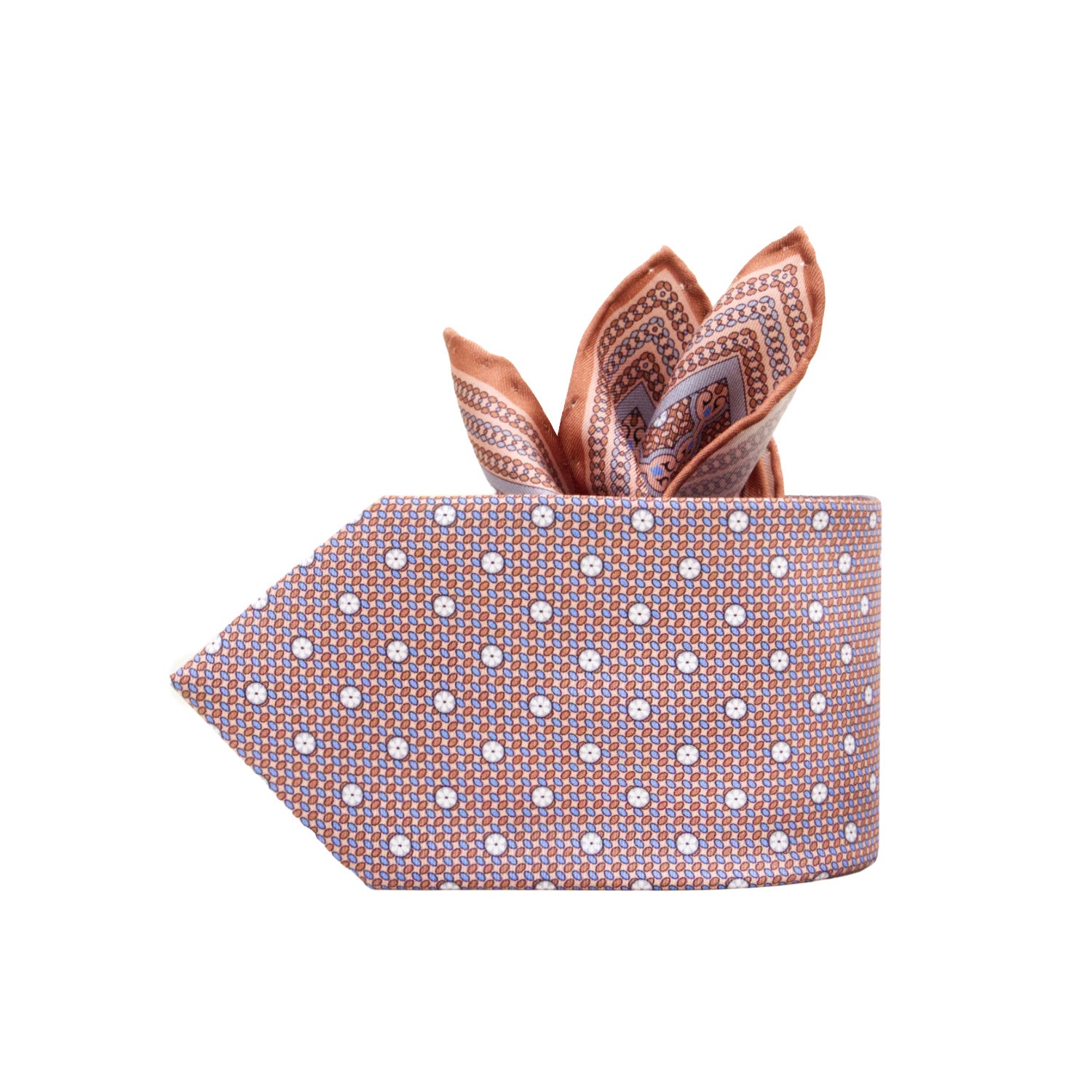 CORBATA EN SET CON PAÑUELO DE SEDA CON PUNTOS MARRONES EN AZUL