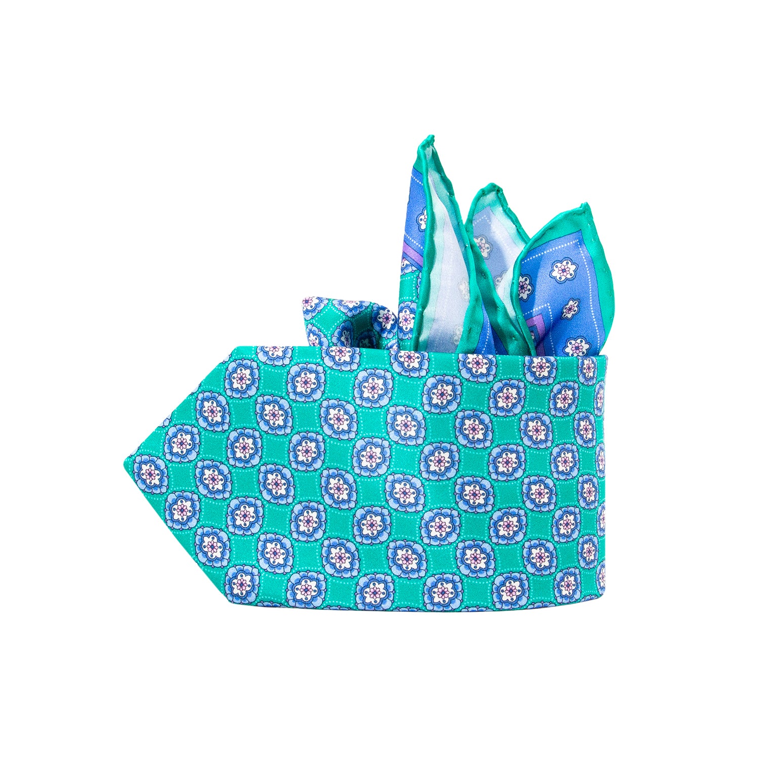 CORBATA EN SET CON PAÑUELO DE SEDA CON DIBUJOS GEOMÉTRICOS EN AZUL AGUA Y VERDE