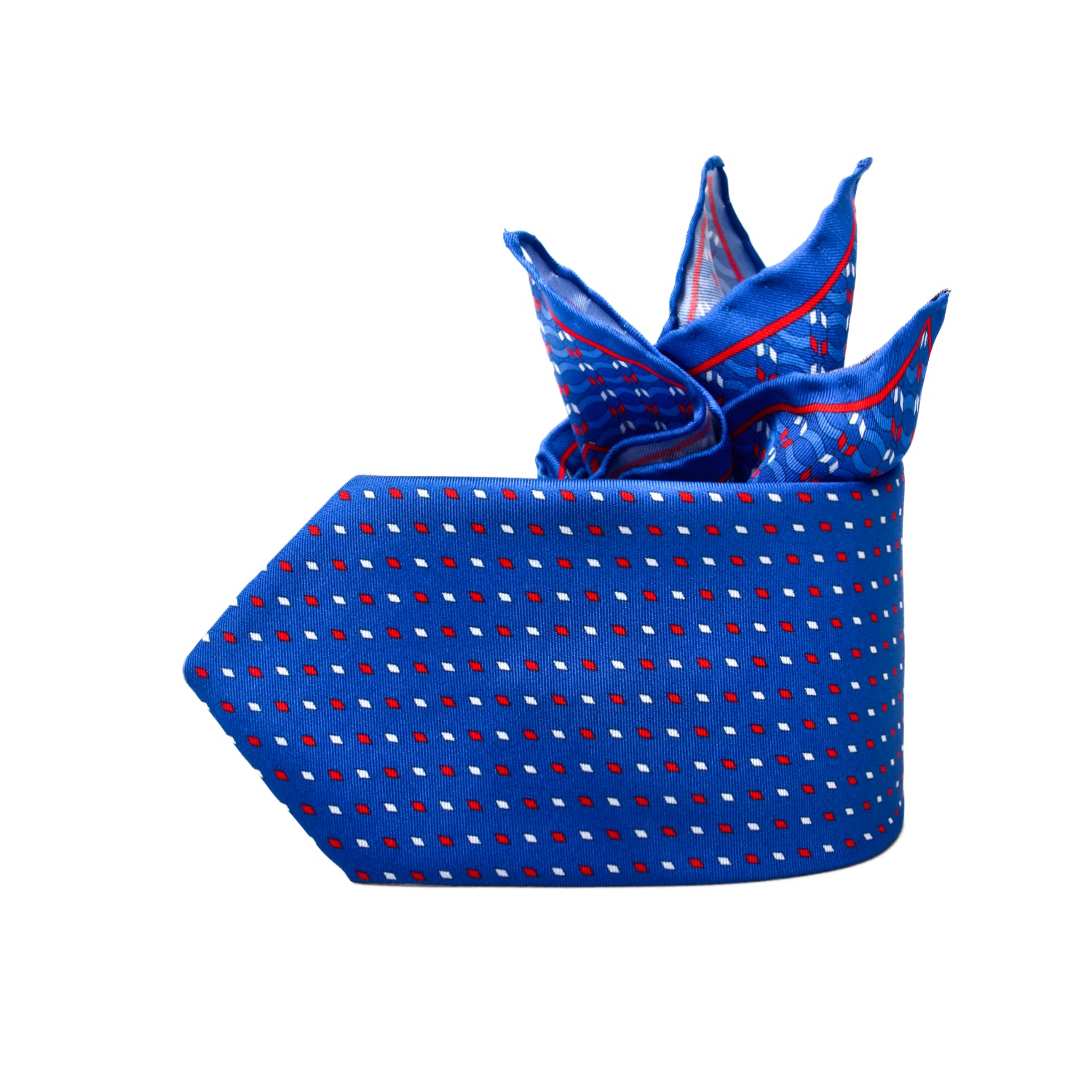 CAJA DE SEDA SET CORBATA CON PAÑUELO DE SEDA CON PUNTOS BLANCOS Y ROJOS EN AZUL