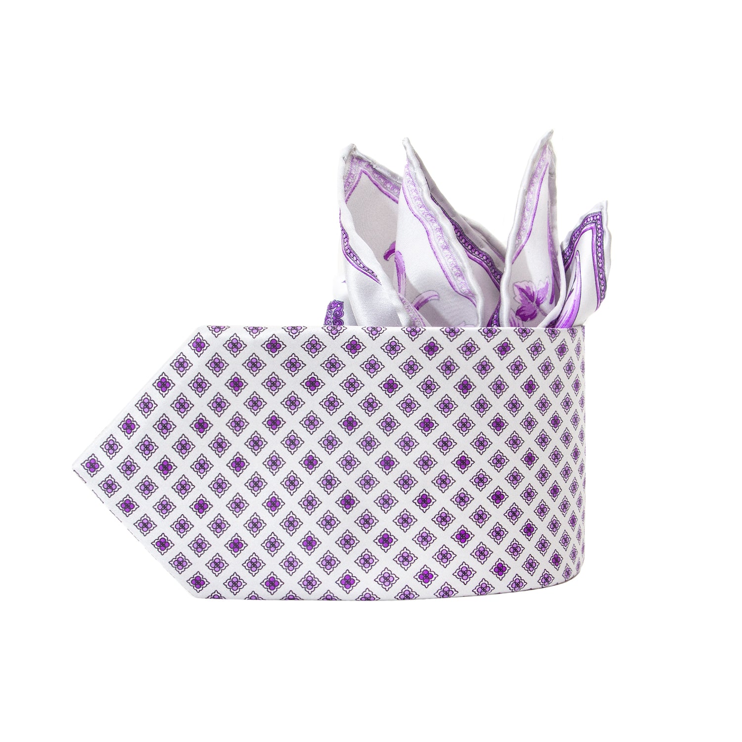 CORBATA EN SET CON PAÑUELO DE SEDA GRIS CLARO CON CUADROS MORADOS