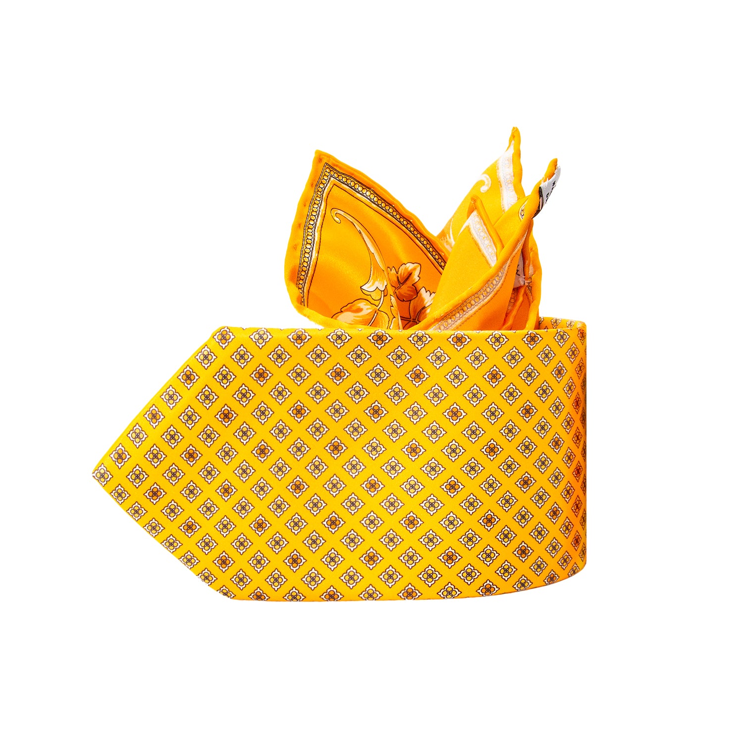 CORBATA EN SET CON PAÑUELO DE SEDA NARANJA CON CUADROS AMARILLOS