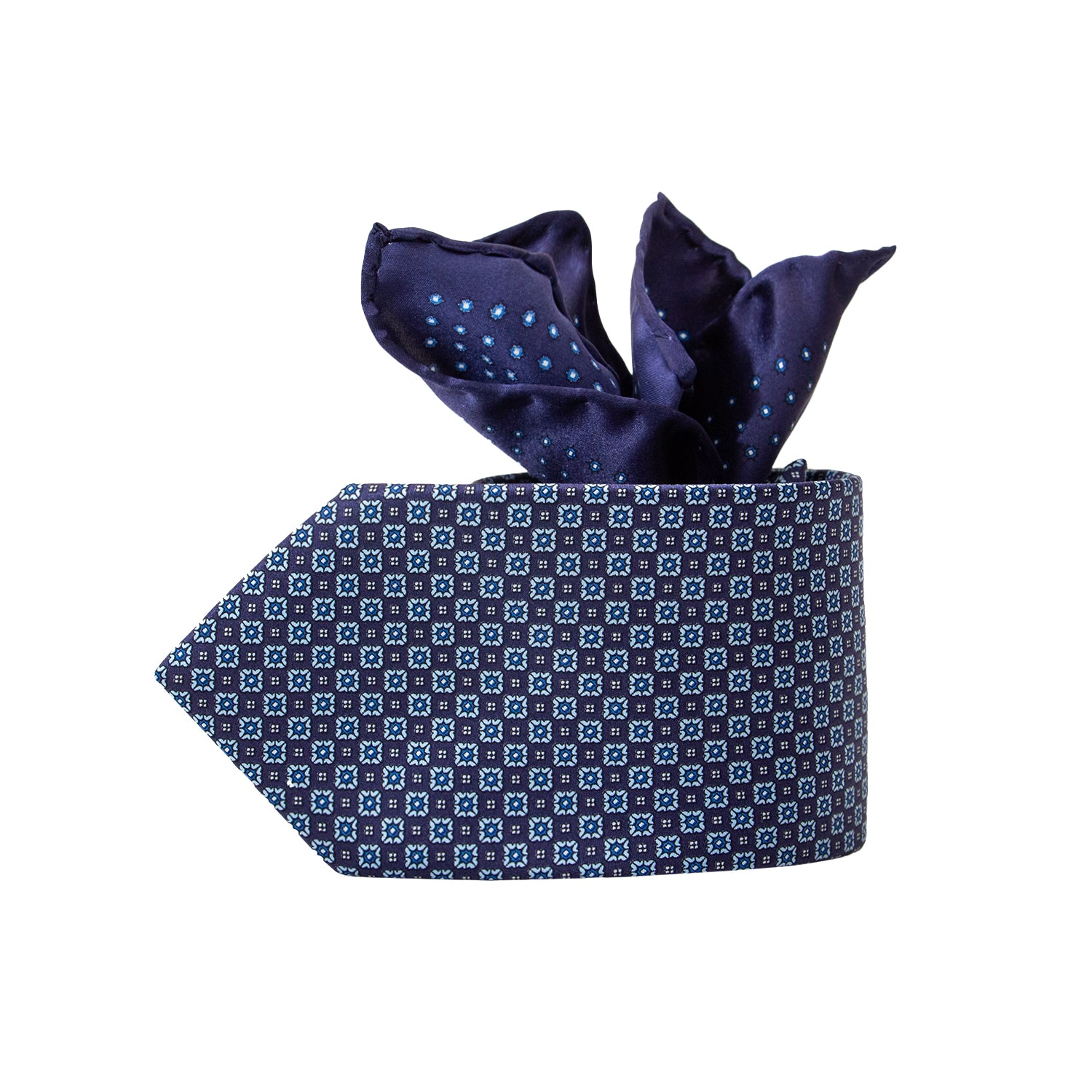 CORBATA EN SET CON PAÑUELO DE SEDA AZUL MARINO CON DISEÑO DE MICROCUADROS AZUL CIELO