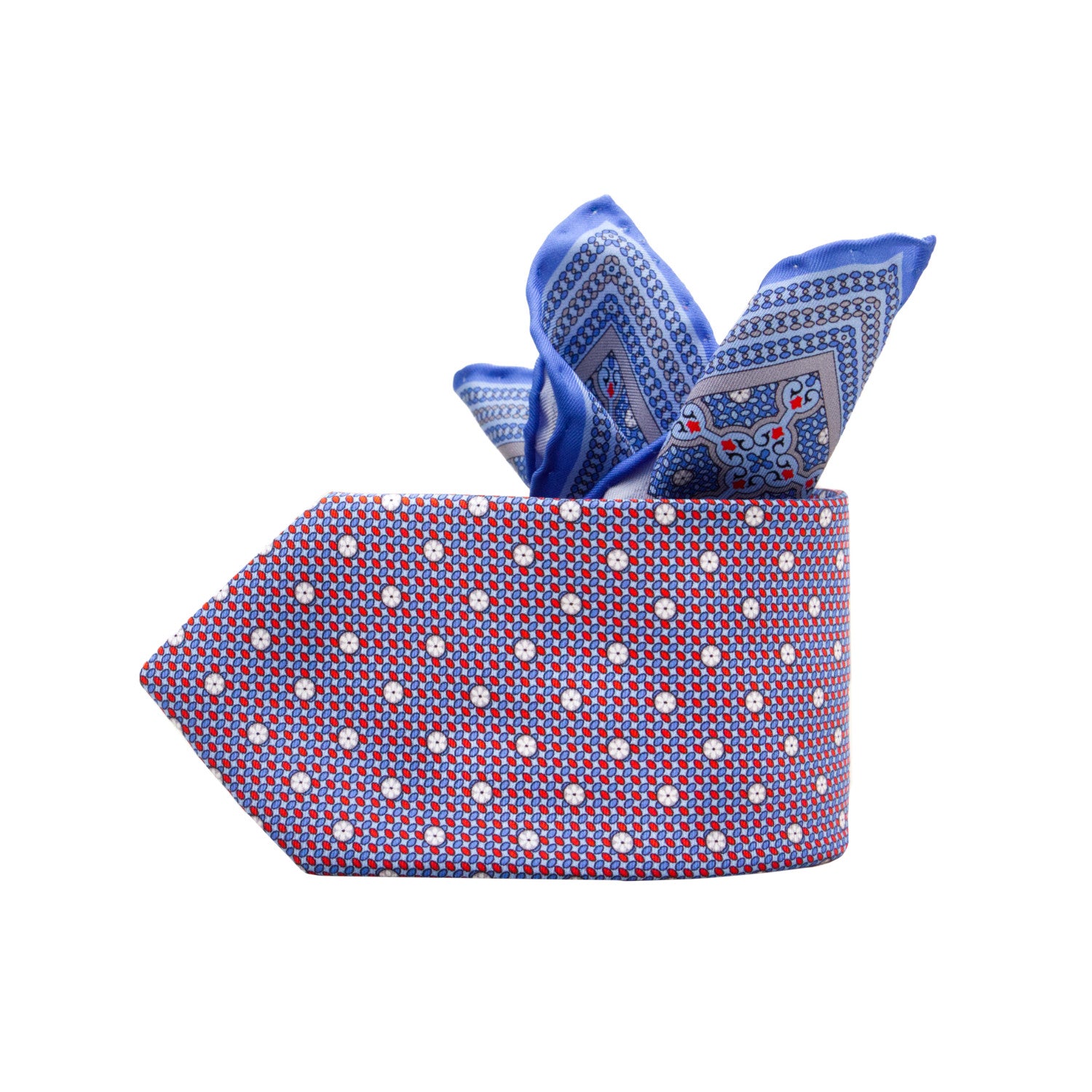 CORBATA EN SET CON PAÑUELO DE SEDA CON PUNTOS ROJOS EN AZUL