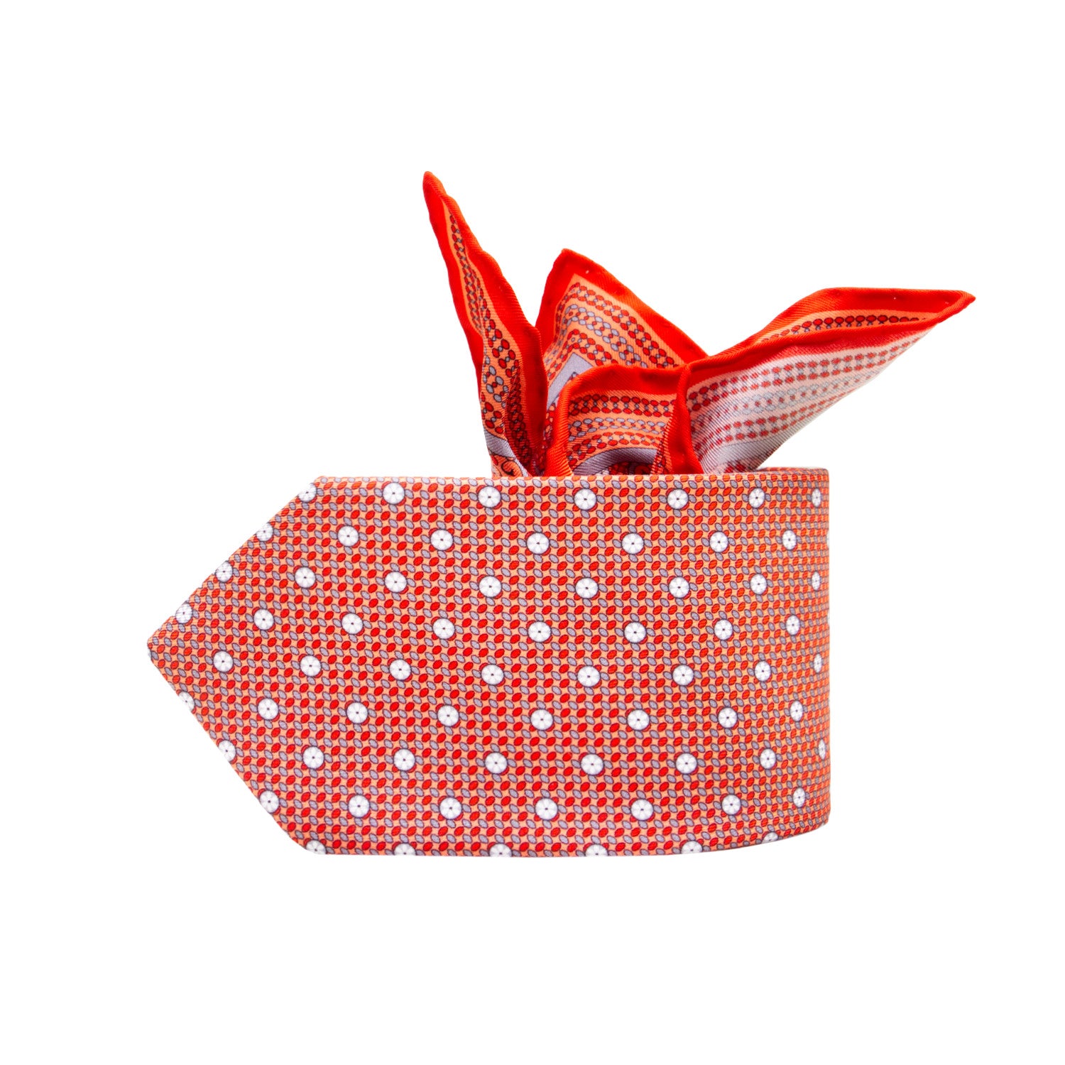 CORBATA EN SET CON PAÑUELO DE SEDA CON PUNTOS GRISES EN NARANJA