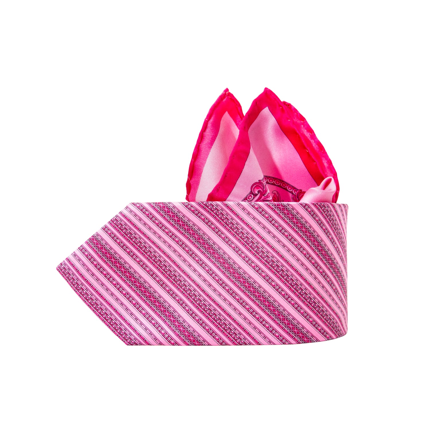CORBATA EN SET CON PAÑUELO DE SEDA RAYADA EN FANTASÍAS FUCSIA Y ROSA