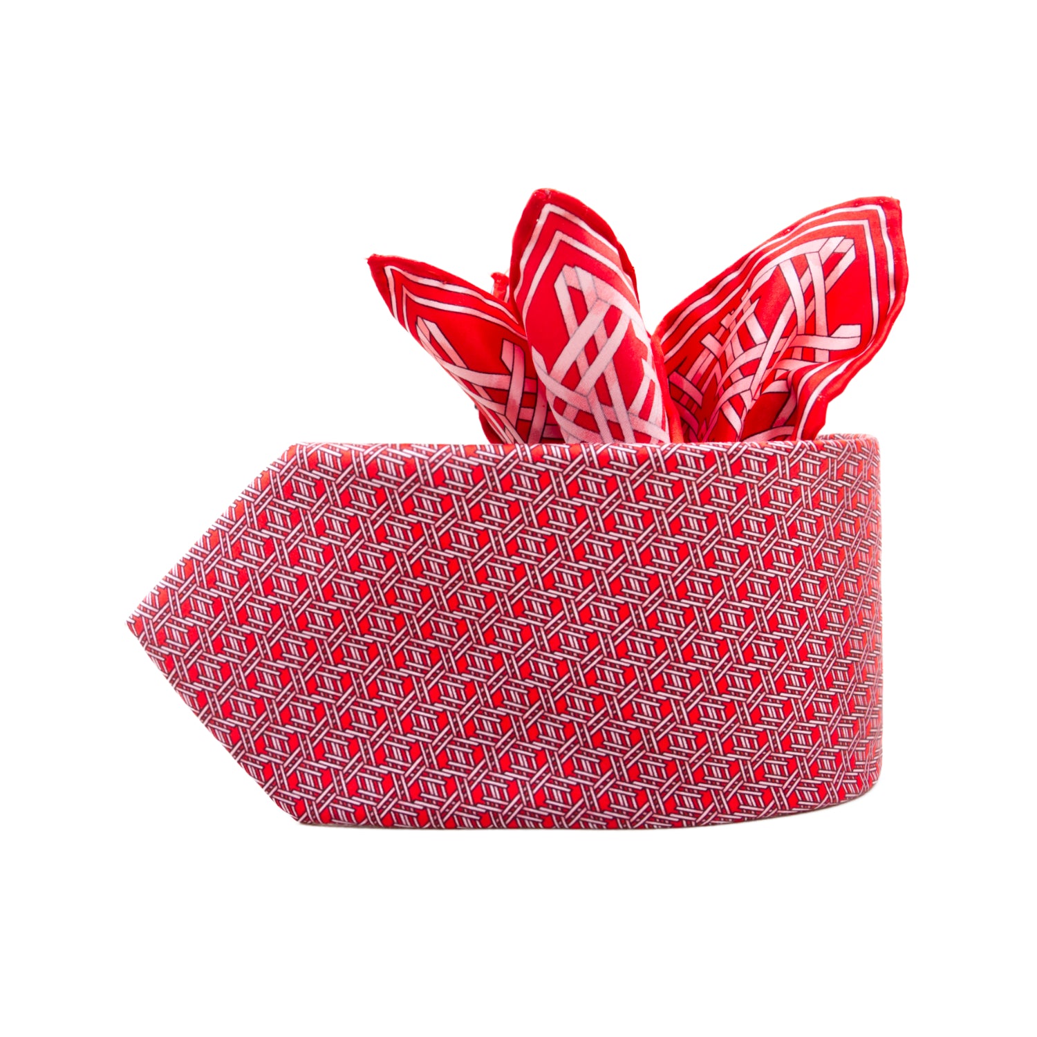 CAJA DE SEDA SET CORBATA CON PAÑUELO DE SEDA CON MICROTRIÁNGULOS BLANCOS EN ROJO