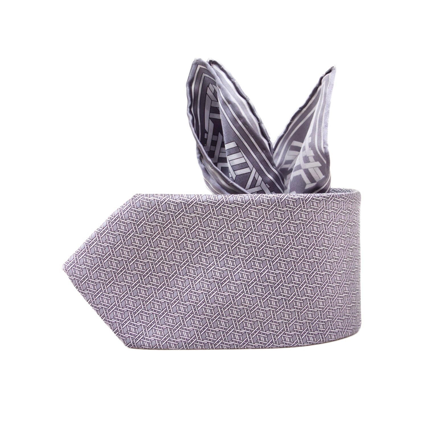 CAJA DE SEDA SET CORBATA CON PAÑUELO DE SEDA CON MICROTRIÁNGULOS BLANCOS EN GRIS