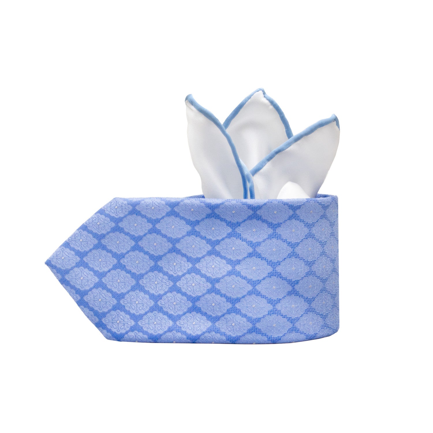 CORBATA EN SET CON PAÑUELO DE SEDA CON MANDALAS AZUL CLARO EN AZUL