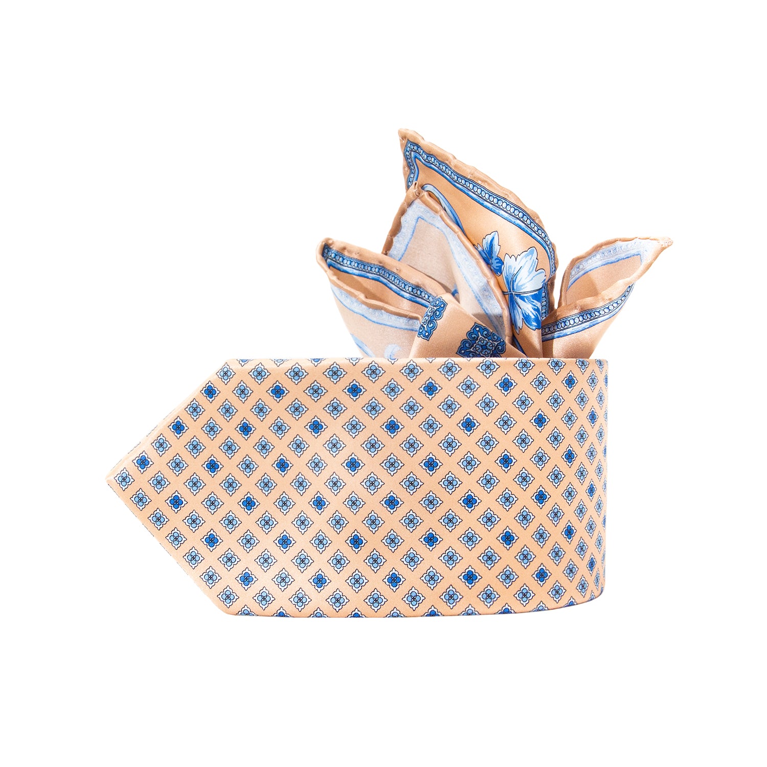 CORBATA EN SET CON PAÑUELO DE SEDA BEIGE CON CUADROS AZUL