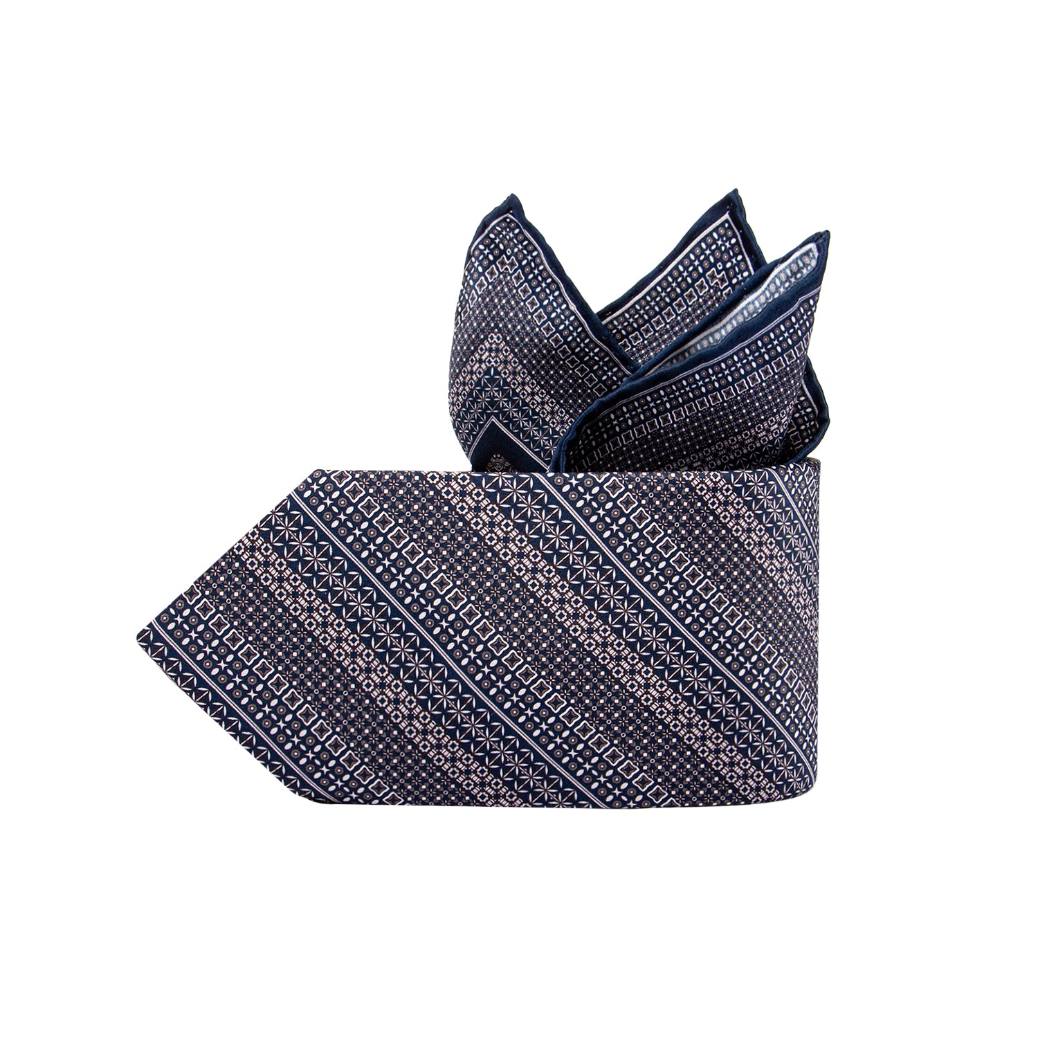 CORBATA EN SET CON PAÑUELO SOLITO FONDO GRIS OXFORD CON FLORES BLANCAS CON CAJA 100% SEDA