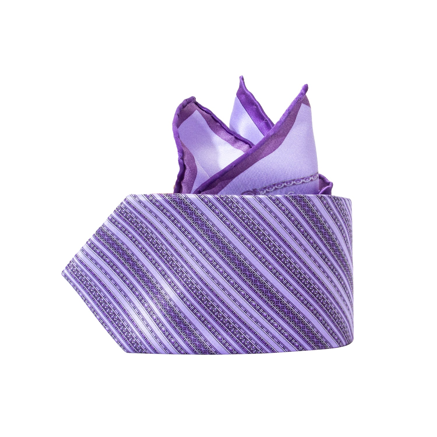 CORBATA EN SET CON PAÑUELO DE SEDA RAYADA EN FANTASÍAS LILA Y MORADO