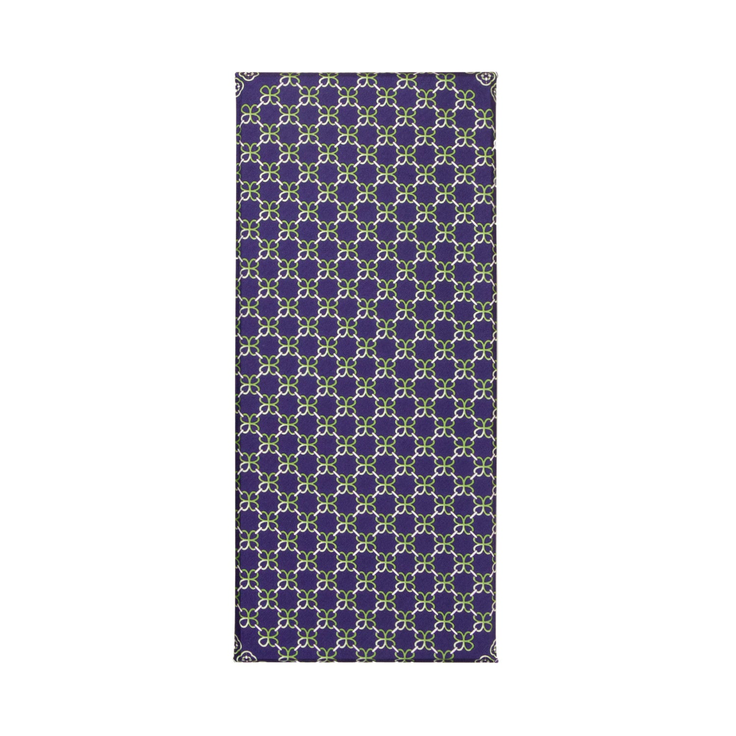 CORBATA EN SET CON PAÑUELO DE SEDA CON DIBUJOS GEOMÉTRICOS, ANILLOS Y PUNTOS VERDES EN AZUL MARINO