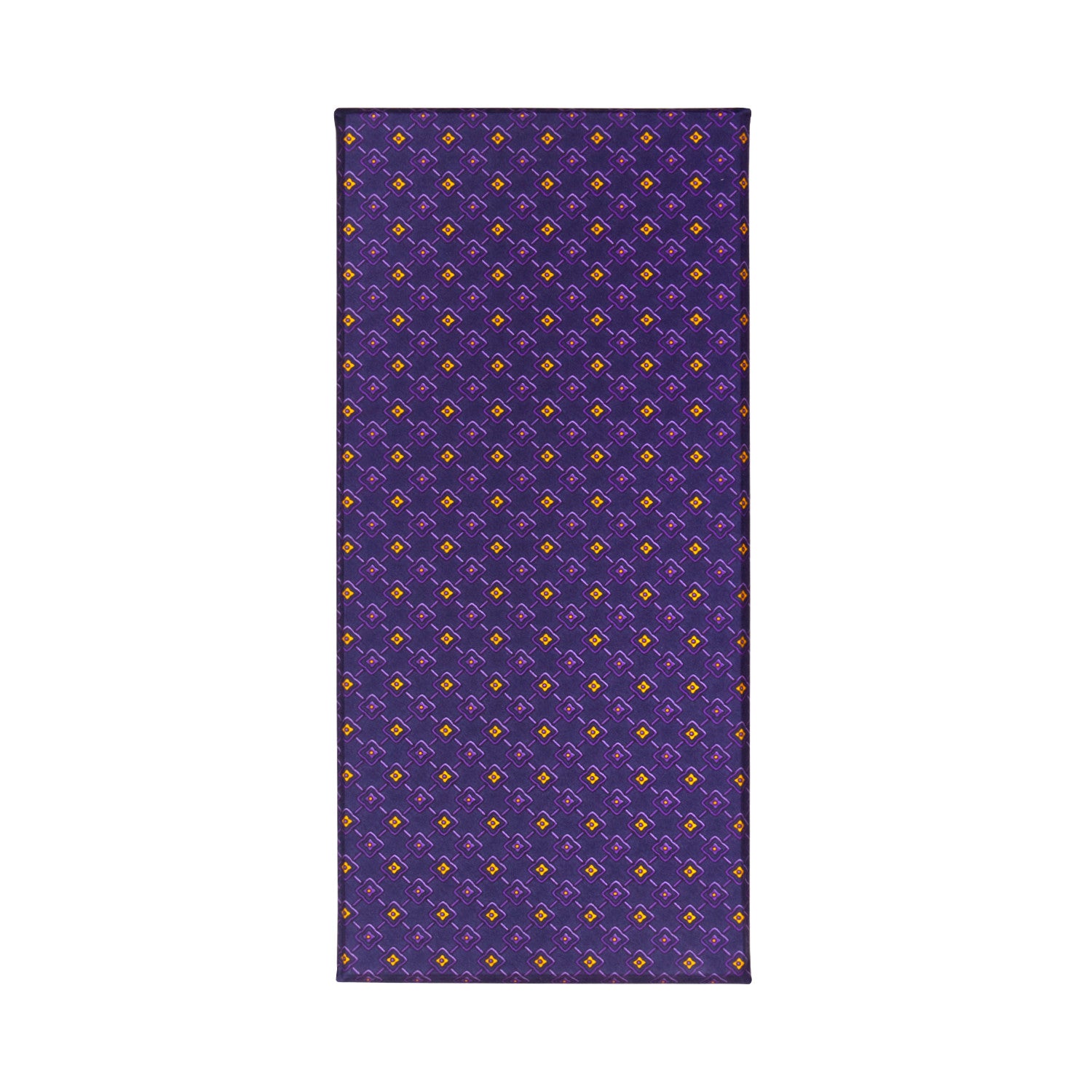 CORBATA EN SET CON PAÑUELO DE SEDA CON DIBUJOS GEOMÉTRICOS DE AZUL MARINO Y MORADO