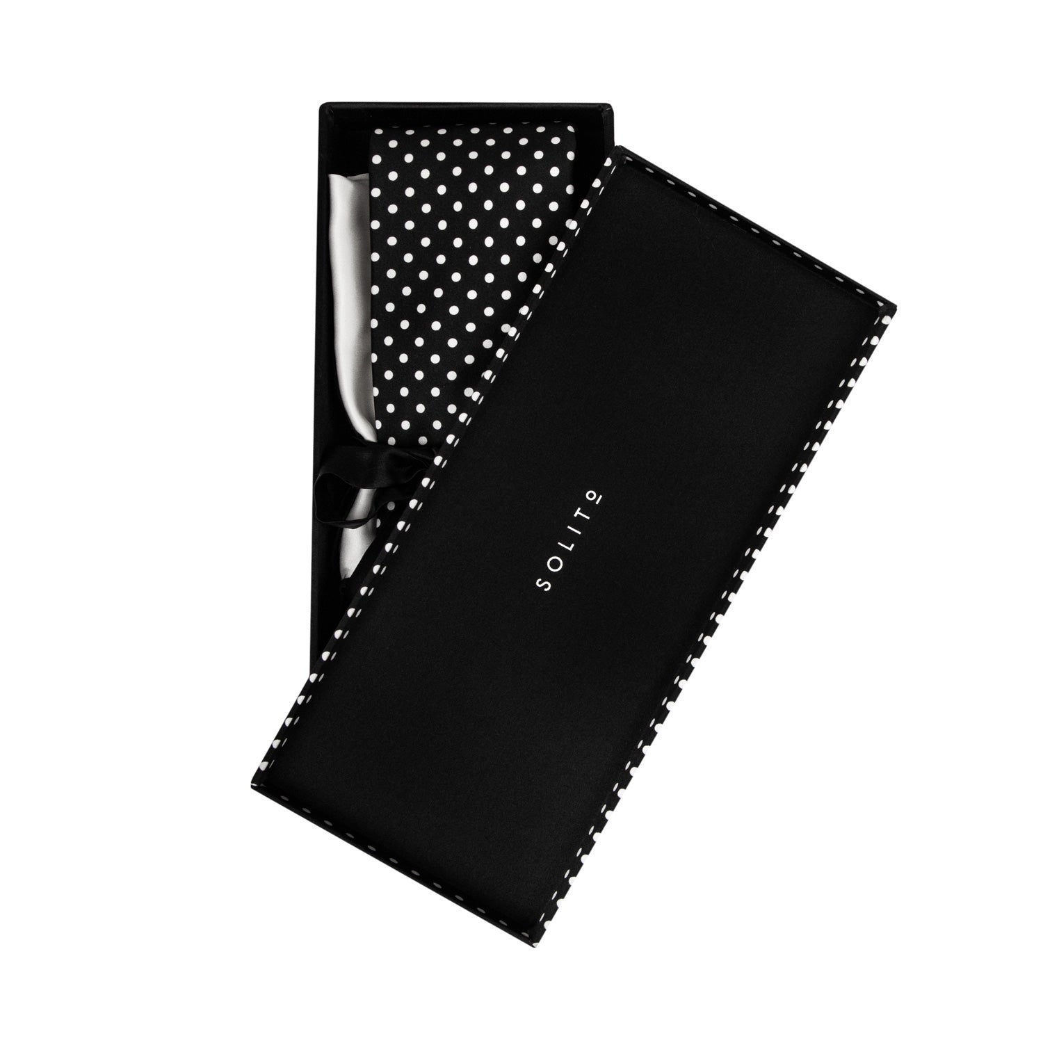 CORBATA EN SET CON PAÑUELO SOLITO 7 PLIEGUES CON CAJA FONDO NEGRO Y LUNARES POLKA DOT BLANCO 100% SEDA
