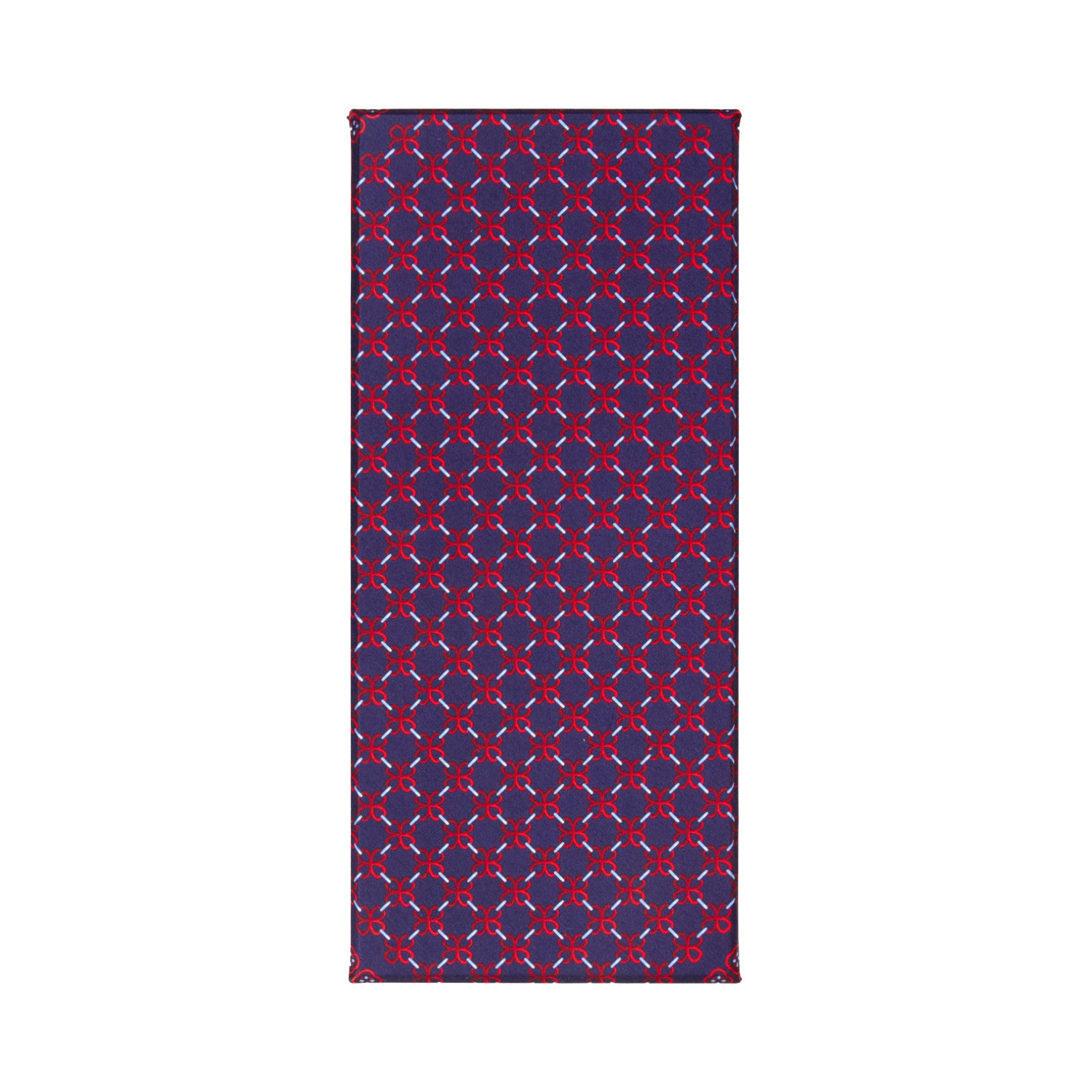 CORBATA EN SET CON PAÑUELO DE SEDA CON DIBUJOS GEOMÉTRICOS DE AZUL MARINO Y ROJO