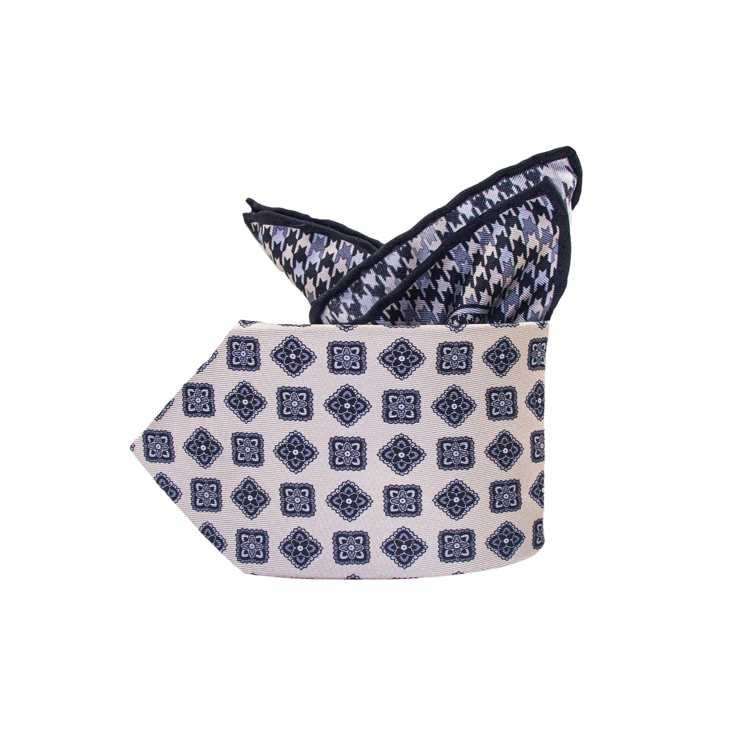 CORBATA EN SET CON PAÑUELO SOLITO BEIGE CLARO CON CONTRASTES EN NEGRO CON CAJA 100% SEDA