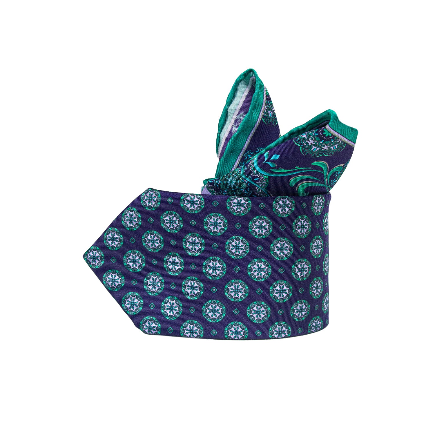 CORBATA EN SET CON PAÑUELO MORADO CON CONTRASTES VERDE LILA CON CAJA 100% SEDA