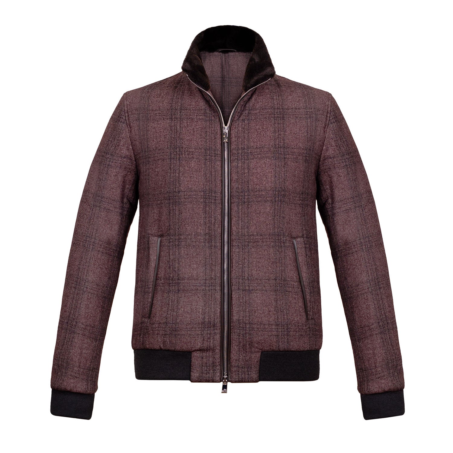 CHAMARRA CORTA DE CUELLO ALTO COLOR ROJA CON CUADRO AZUL