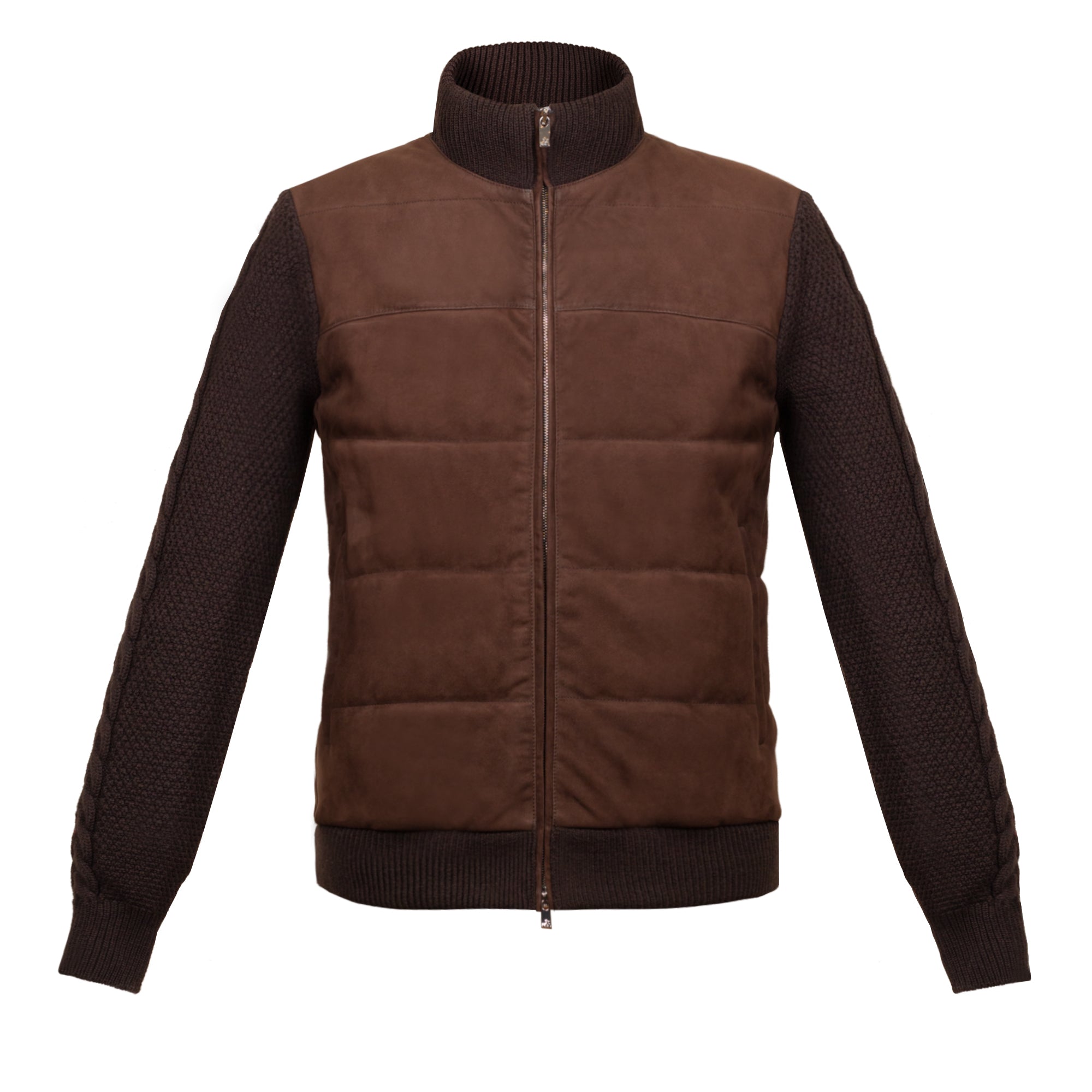 CHAMARRA CORTA DE CUELLO ALTO DE GAMUZA "NUBUCK" Y LANA TEJIDA COLOR CHOCOLATE