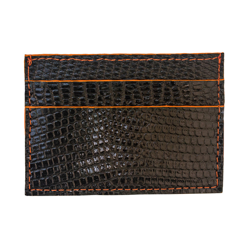 TARJETERO DE PIEL DE LIZAGARTO COLOR NEGRO DETALLES NARANJA